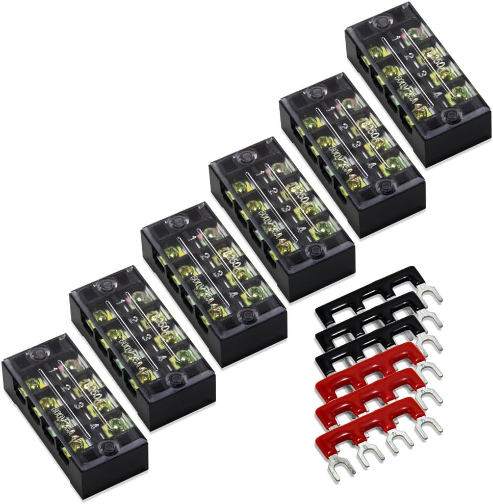 Terminal Blocks - 12pcs (6 Sets) 4 Positions Dual Row 600V 25A Screw Terminal Strip Blocks with Cover, Pre-Insulated 400V 25A 4 Positions Barrier Strip Black & Red