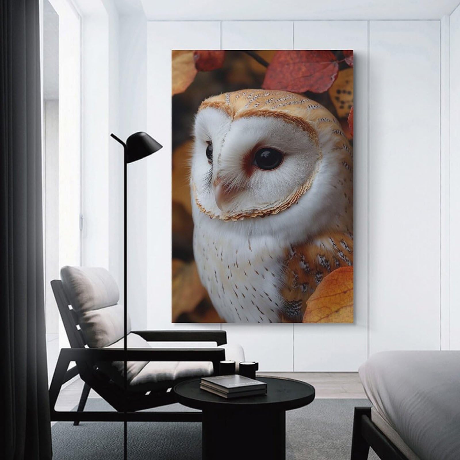 Junmoney Unframe-Style-24-1 Wall Picture Print Barn Owl Portrait In Autumn Leaves, 08X12inch(20X30cm), For Wall Displays, Bedrooms Or Room Updates, Wall Decor Suited To Curated Displays