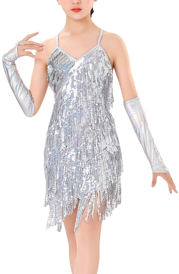 Happy Cherry Sequins Tassel Latin Dance Dress for Girls 1920s Flapper Cocktail Party Dresses Rumba Ballroom Costumes Silver 10-11 Years by Happy Cherry - Used condition - US$36.42