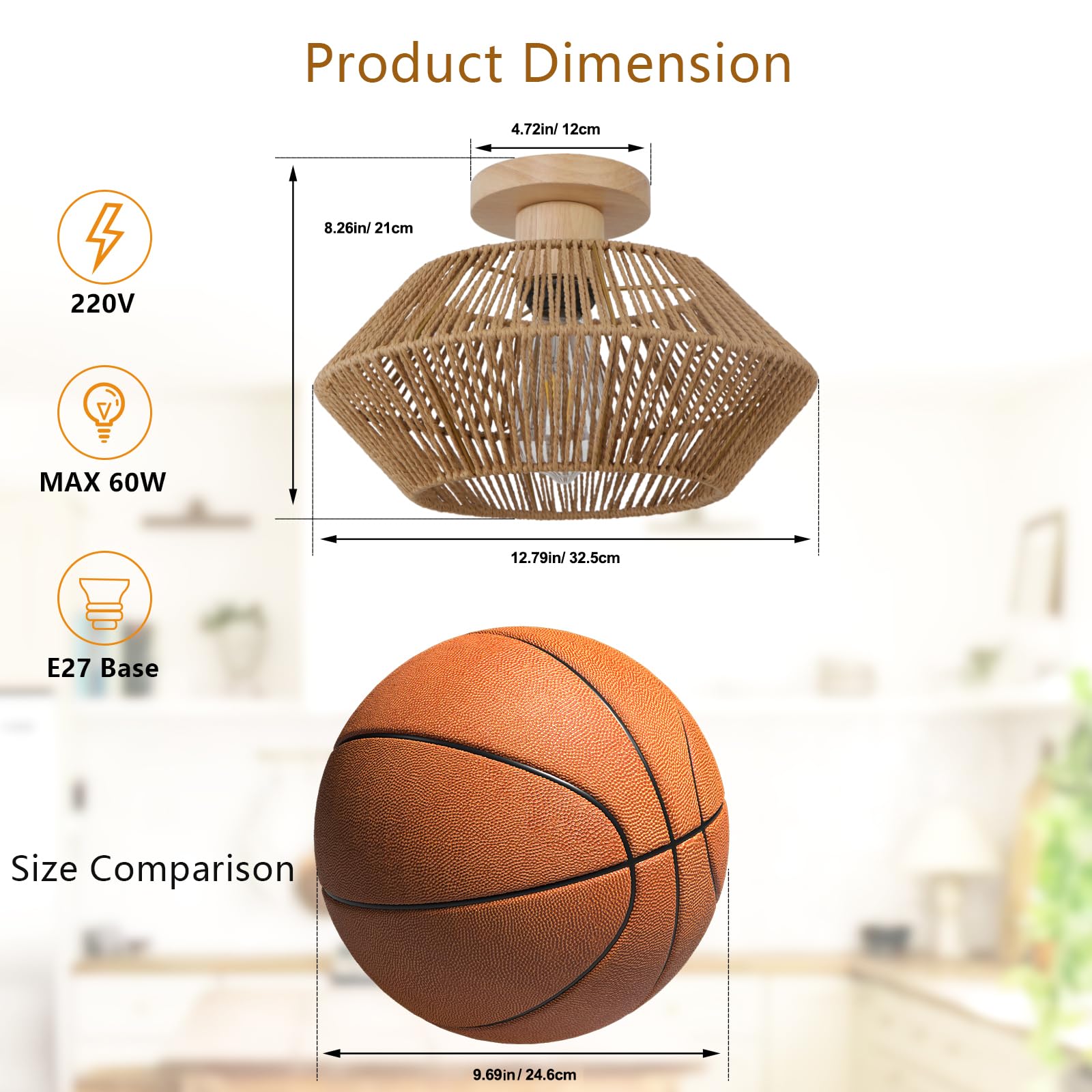 Plafoniera Soffitto Camera da Letto Boho in Rattan, Lampadario Soffitto Intrecciato a Mano a 1 Luce, Plafoniere da Soffitto in Legno per Fattoria per Soggiorno, Cucina, Ingresso, Corridoio