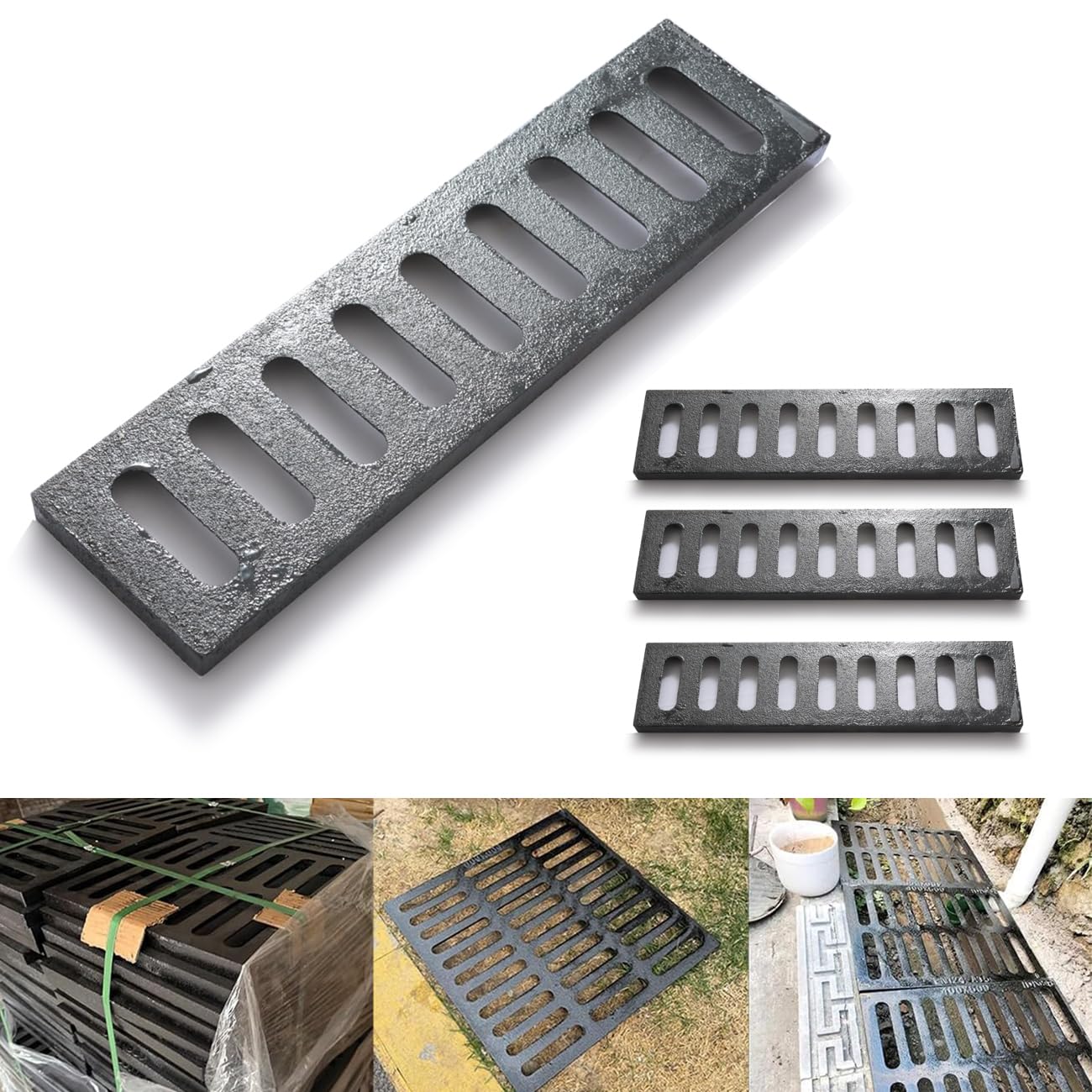 Cast Iron Drain Grate,23.6*7.8in B125 Class Outdoor Drain Cover 4Pcs