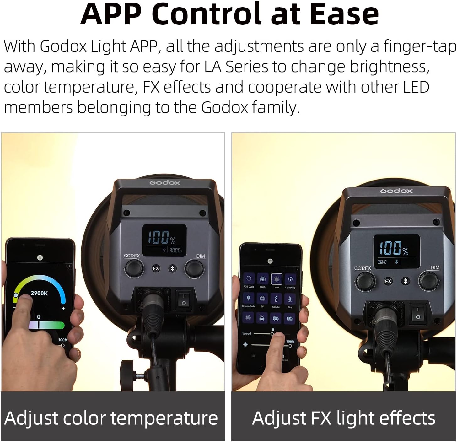 GODOX LA150Bi Bi-Color LED Video Light 190W 2800K-6500K 0%-100% Brightness Adjustment CRI96 TLCI97 Bluetooth APP Control Bowens Mount Suitable for Interview, Live Broadcast, Portrait, Video Shooting