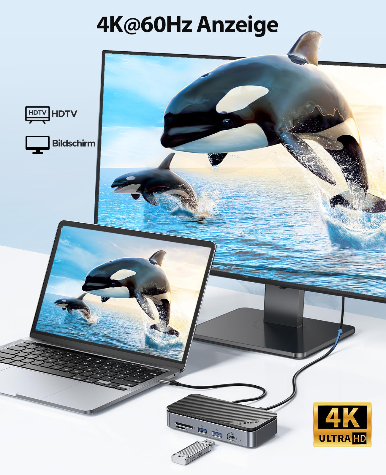 ORICO Stacja dokująca USB C 10 w 1 z blokadą M.2 SSD i aktywną dmuchawą chłodzącą – 10 Gb/s USB 3.2 Gen2, obsługa 4K HDMI, 100 W PD, SD/TF, Gigabit LAN DPM2P9