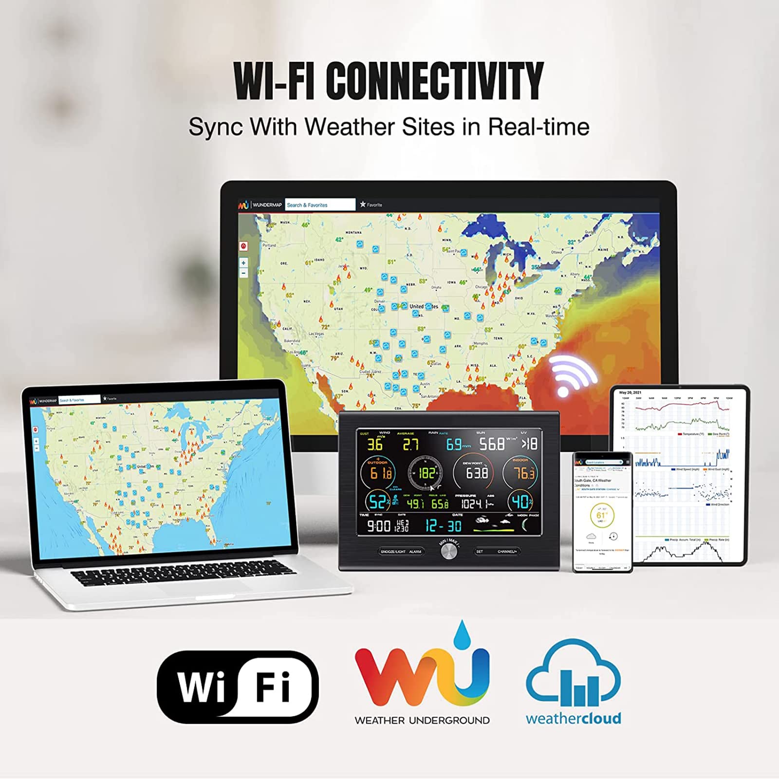 Estación meteorológica, estación meteorológica WiFi, Estaciones meteorológicas domésticas con pluviómetro, Velocidad del Viento, barómetro y Fase Lunar.