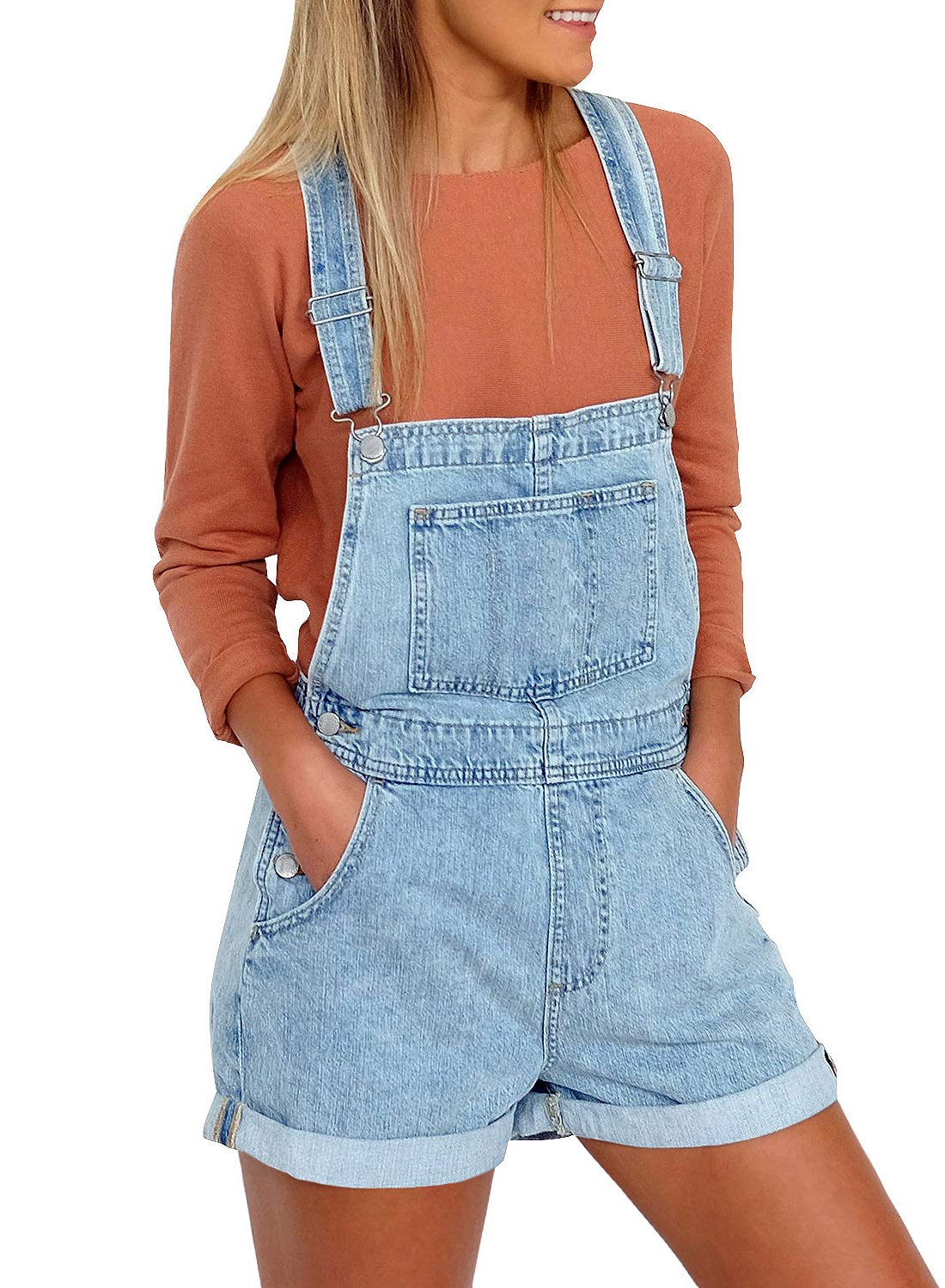 Roskiky Salopette en jean pour femme avec sangles à boucle et poches à ourlet