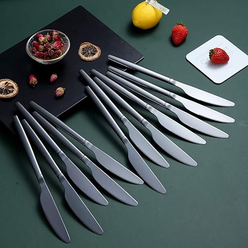 Miniatura 10 de Berglander Juego de 4 cuchillos de cena negros, cuchillos de cena de acero inoxidable chapado en negro brillante de titanio, cuchillos de mesa,