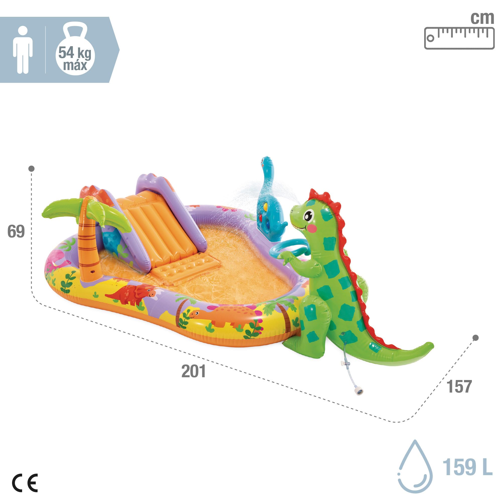 Intex Dino Park Centre de Jeux Aquatiques Gonflable, Toboggan avec Base rembourrée, arroseur d'eau, 54 kg Max, 201 x 157 x 69 cm, kit de réparation (56139)