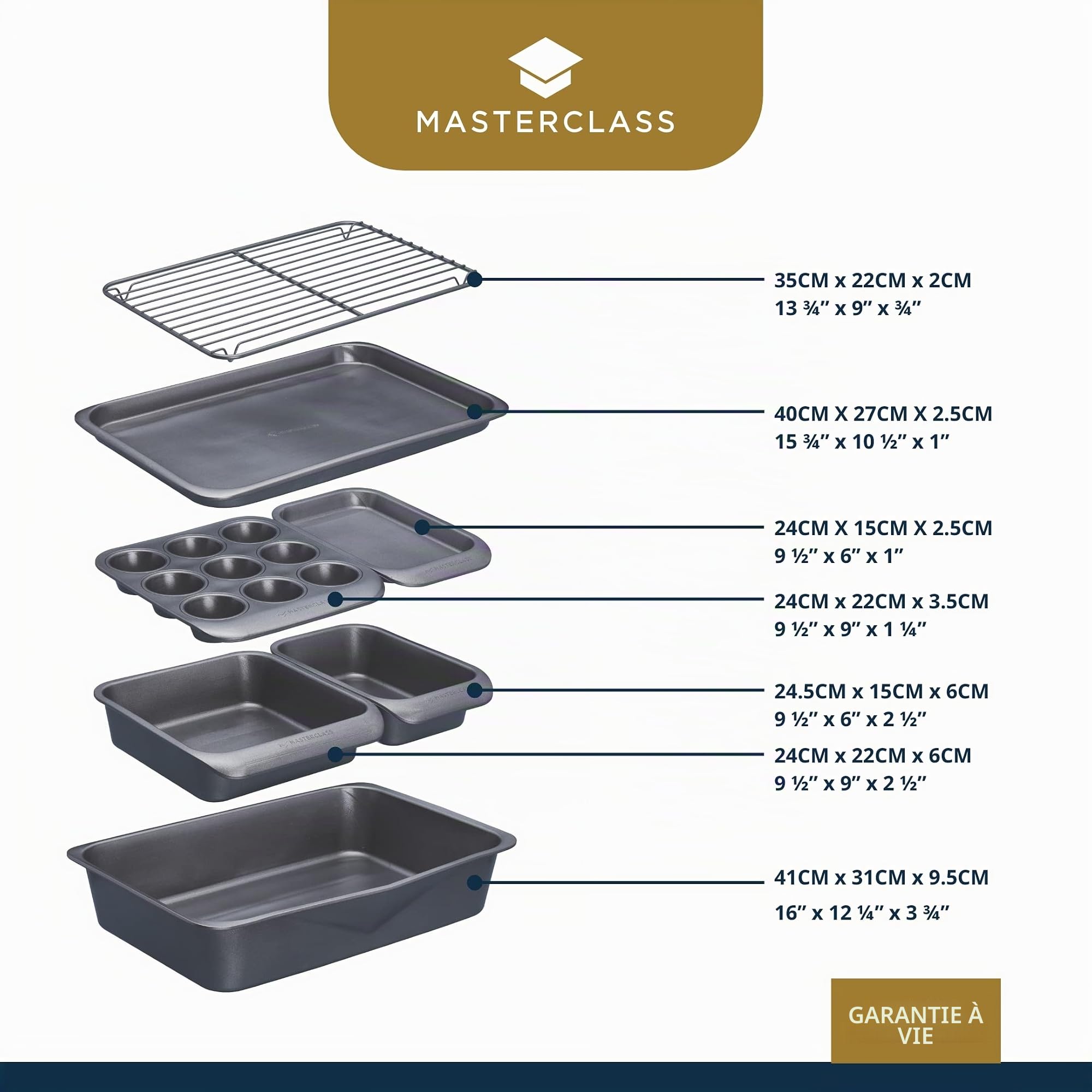 MasterClass Smart Space Stacking PTFE, PFOA and BPA Free Non-Stick Bakeware Set, 7 Piece Baking Trays, Gift Boxed, Grey