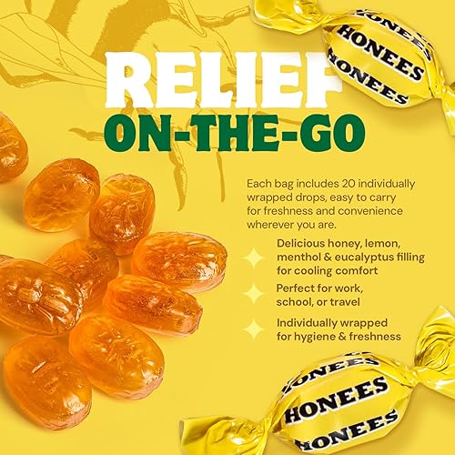 Miniatura 10 de Honees Gotas para la tos rellenas de miel, paquete individual de 20 pastillas sin mentol, alivio temporal de la tos  Alivia el dolor de garganta