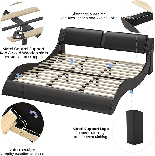 Miniatura 9 de DICTAC Base de cama de plataforma tapizada completa con luces LED debajo de la moderna base de cama LED de perfil bajo ondulado con cabecero, piel