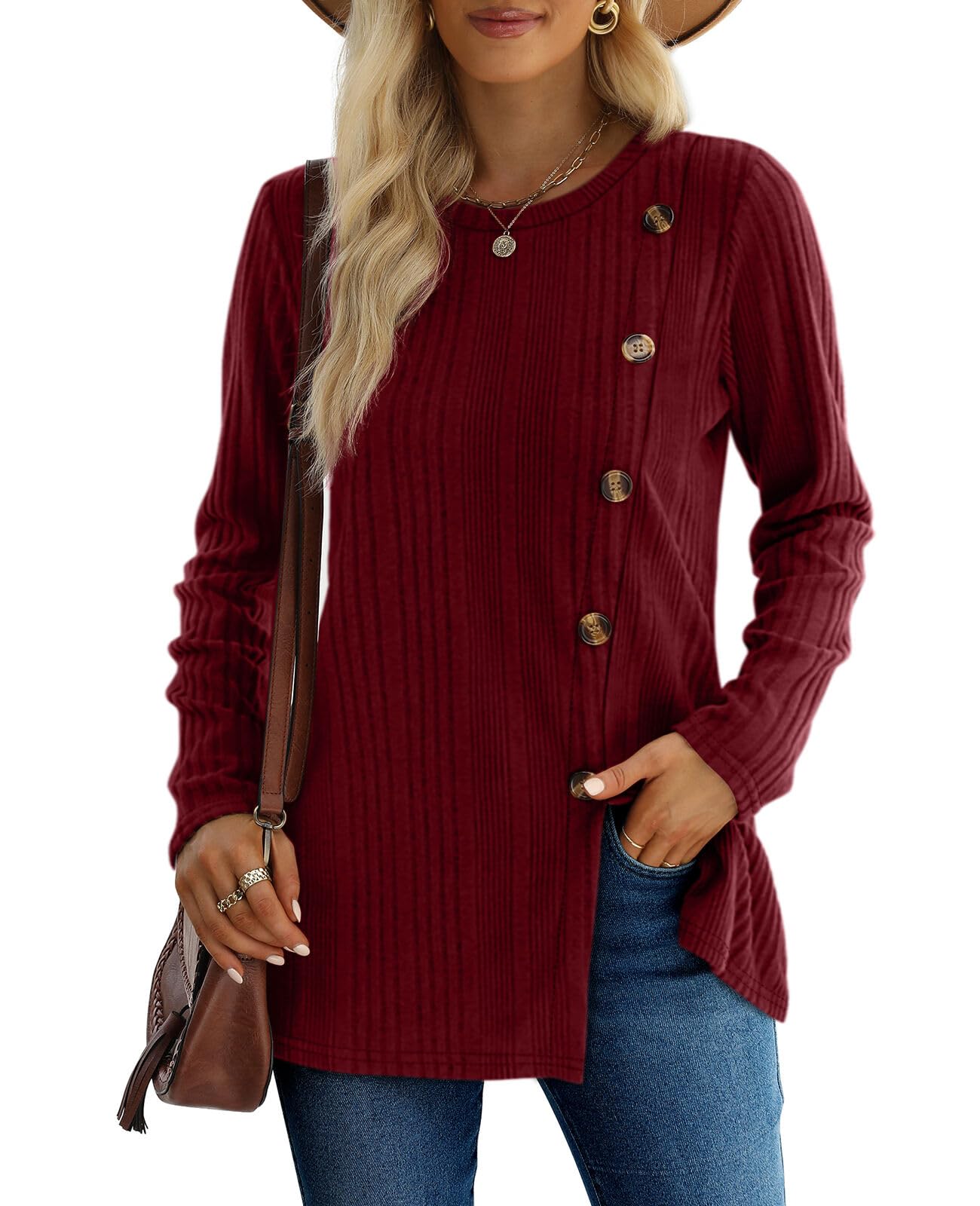 XIEERDUO Long Sleeve Tops for Women Tunics Buttons Front Slit