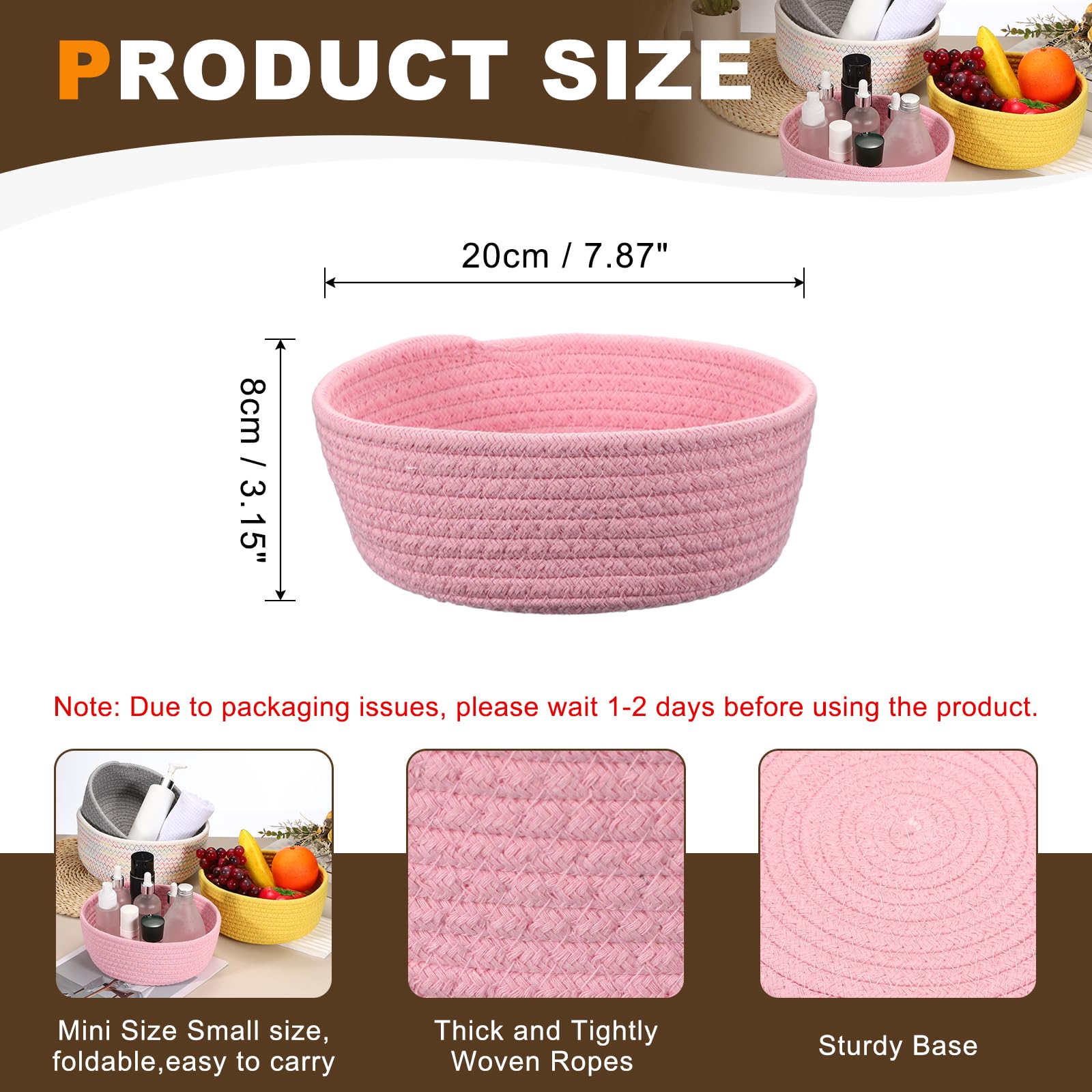 QUARKZMAN Piccolo Cesto Intrecciato In Corda Di Cotone 20 X 8Cm Cestino Rotondo Organizer Carino Contenitore Per Ripiani Armadio Casa Ufficio Organizzazione Rosa