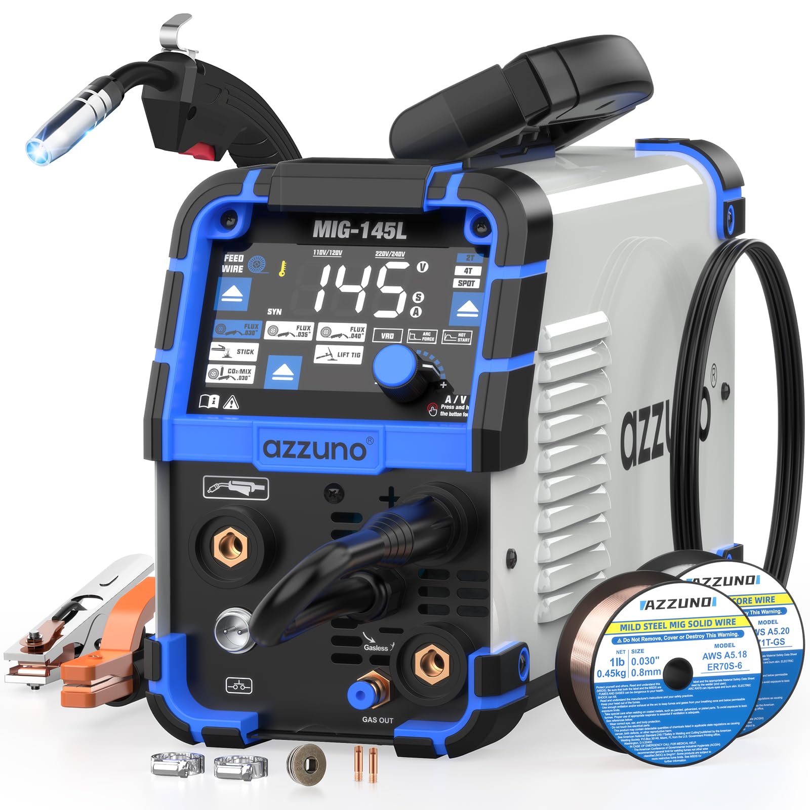 AZZUNO 4 in 1 MIG Welder, 110/220V 145A Gas/Flux MIG/Stick/Lift TIG