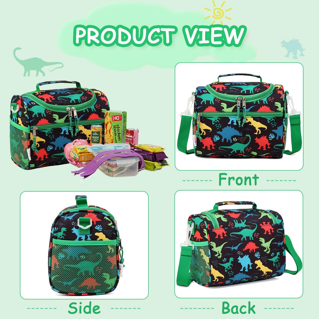 RAVUO Lunch Box Bag for Boys, Reusable Insulated Cute Thermal Meal Tote Kit for Toddler with Detachable Shoulder Strap for Daycare School Dinosaurs