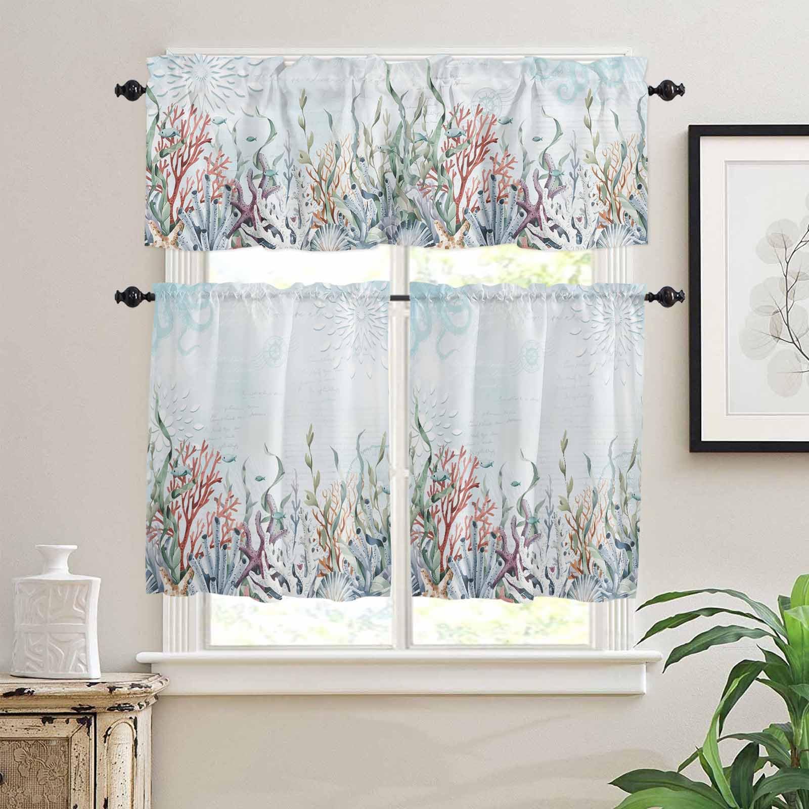 Coastal Kitchen Curtains 36 Inch Length, 3 Piece Rod Pocket Small Half Tiers and Valance Set, Blue Ocean Coral Starfish Seagrass Nautical Small Large Window Treatment Decor for Bedroom/Bathroom Sink