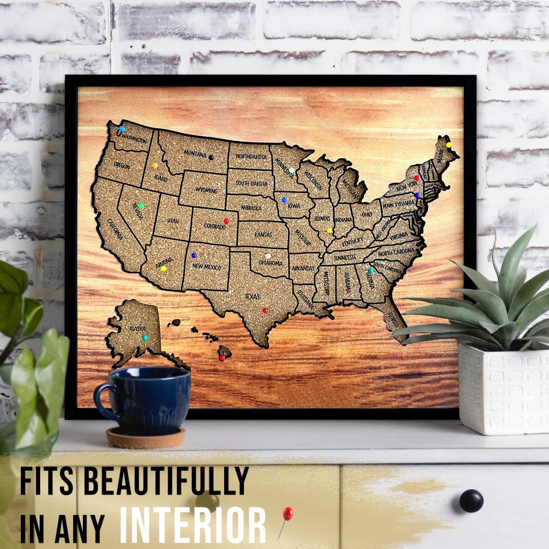 flinelife Usa Map Pin Board, 12x10, Medium Size, Cork Board Usa Travel Map With Pins, Perfect For Couples and Families Gift