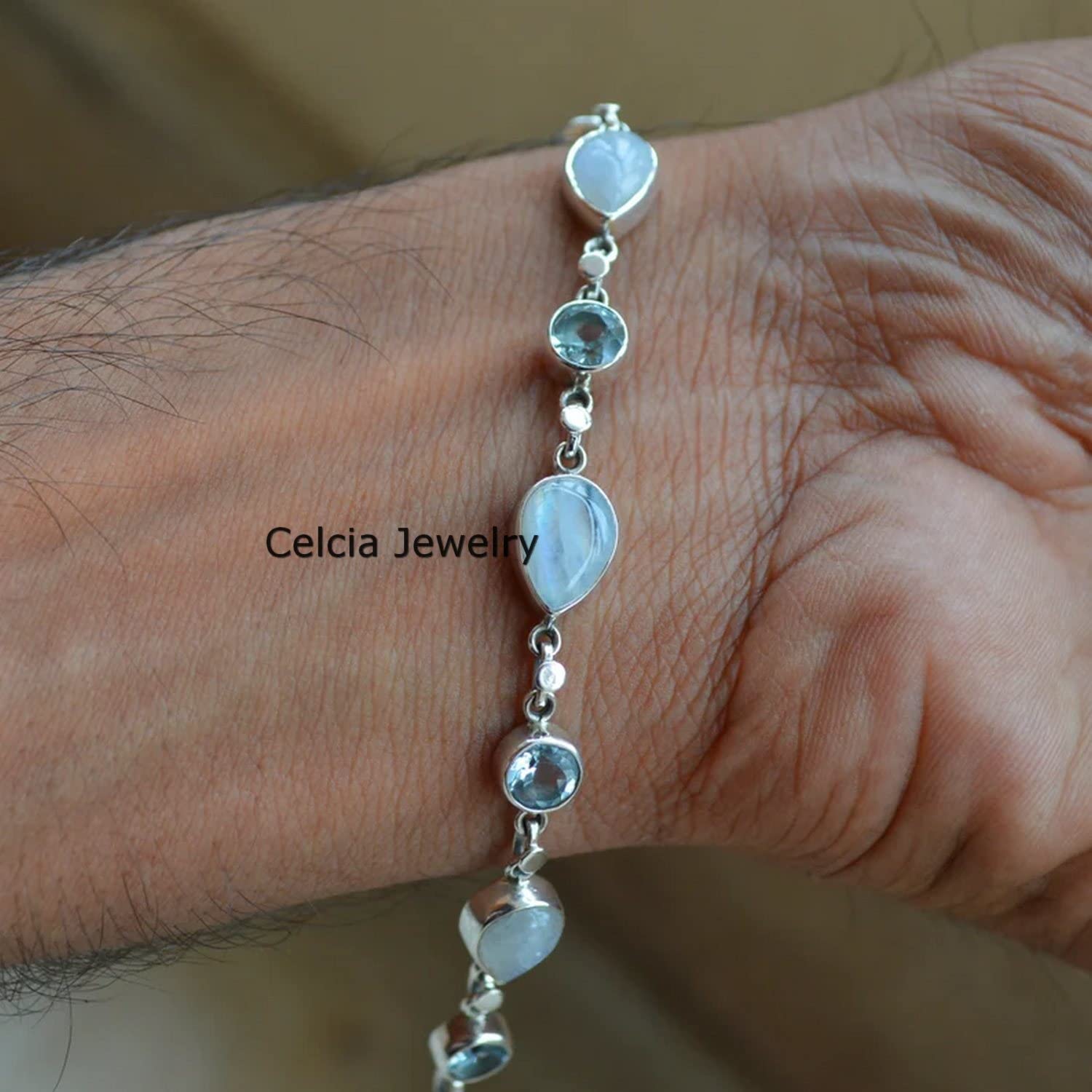 Bracciale in argento sterling 925 solido per uomo, donna, unisex, pietra di luna naturale, braccialetto con topazio blu pietra preziosa Bracciale artigianale unico per lei o per lui