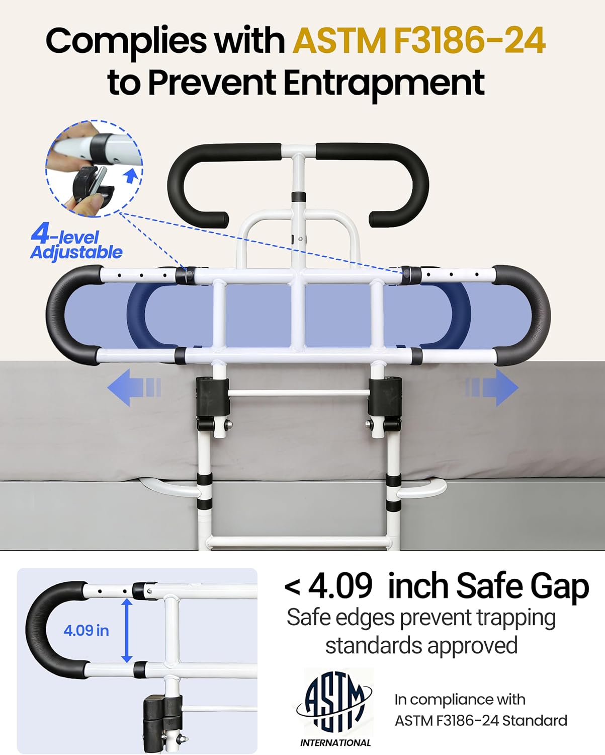 Aliseniors Bed Rails for Elderly Adults Safety - ASTM Certified Bed Assist Grab Bar for Seniors with Adjustable Legs, 300lb Foldable Bedside Dual-Tier Handle - Fits King Queen Twin for Fall Prevention