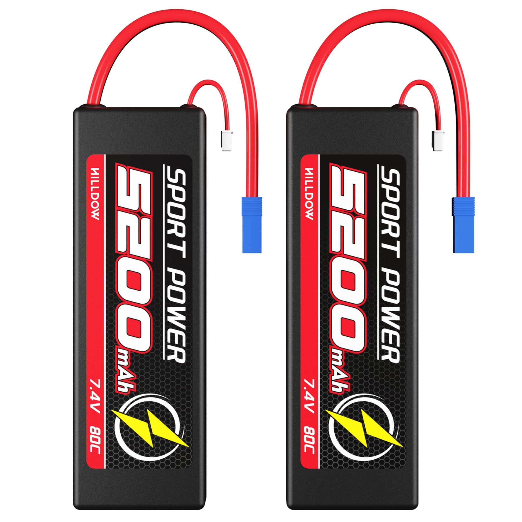 Hilldow 7.4V Lipo Battery 2S 65C 5200mAh Lipos Hard Case Rechargeable Batteries with EC5 Connector for RC Car Trucks 1/8 1/10 RC Vehicles Boat (2 Packs)