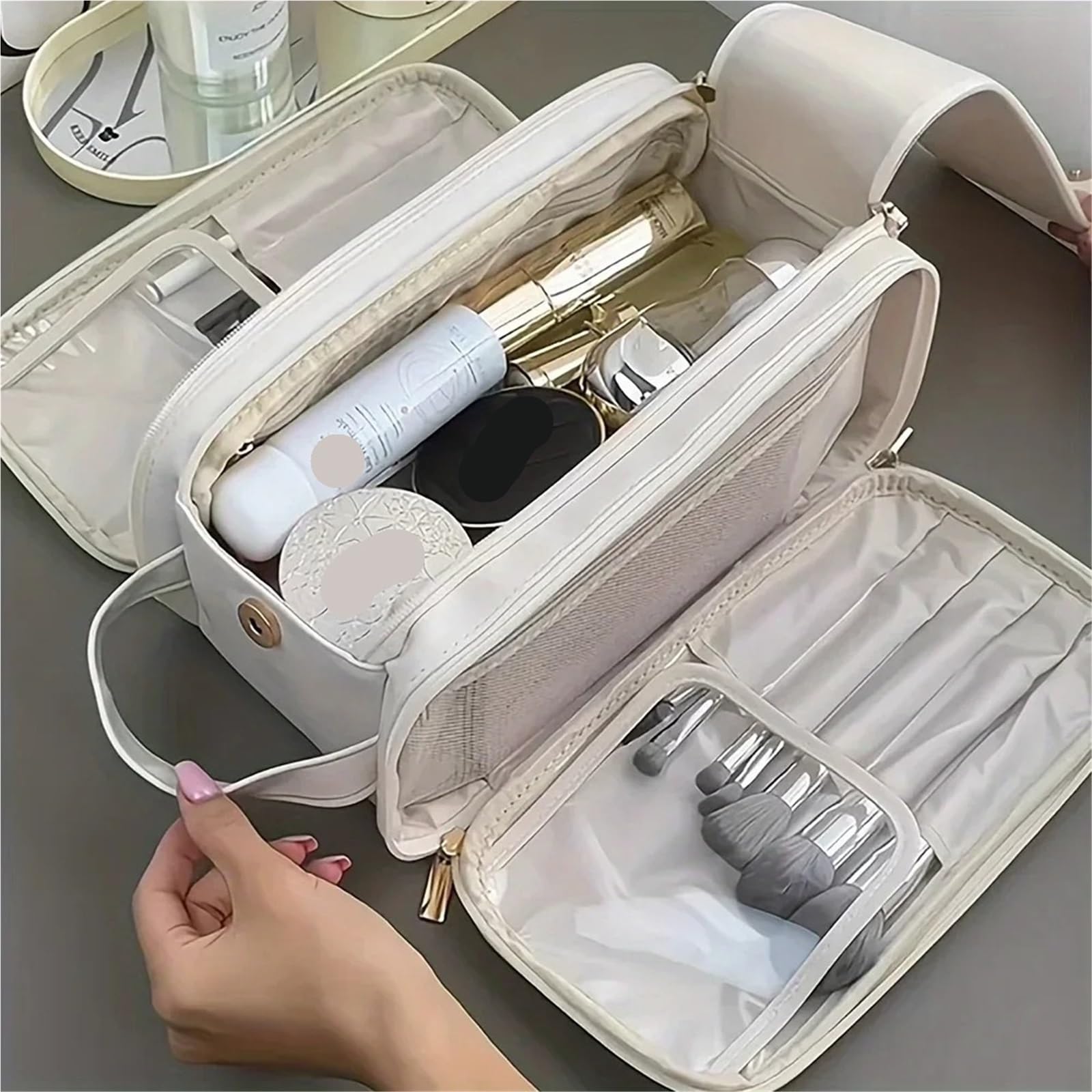 Reisetasche für Toilettenartikel Wasserdichte PU-Multifunktions-Kosmetiktasche, große Kapazität, tragbare Reise-Make-up-Tasche, Herren-Business, tragbare Kulturbeutel-Aufbewahrungstasche(Chocolate)