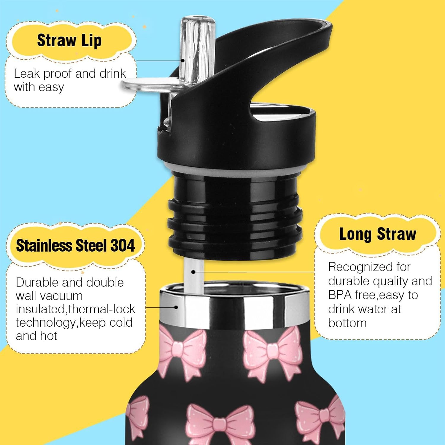 ATTX Pink Black Bows Water Bottle with Straw Lid, 20oz Stainless Steel Cup Insulated Tumbler for Travel, Outdoors