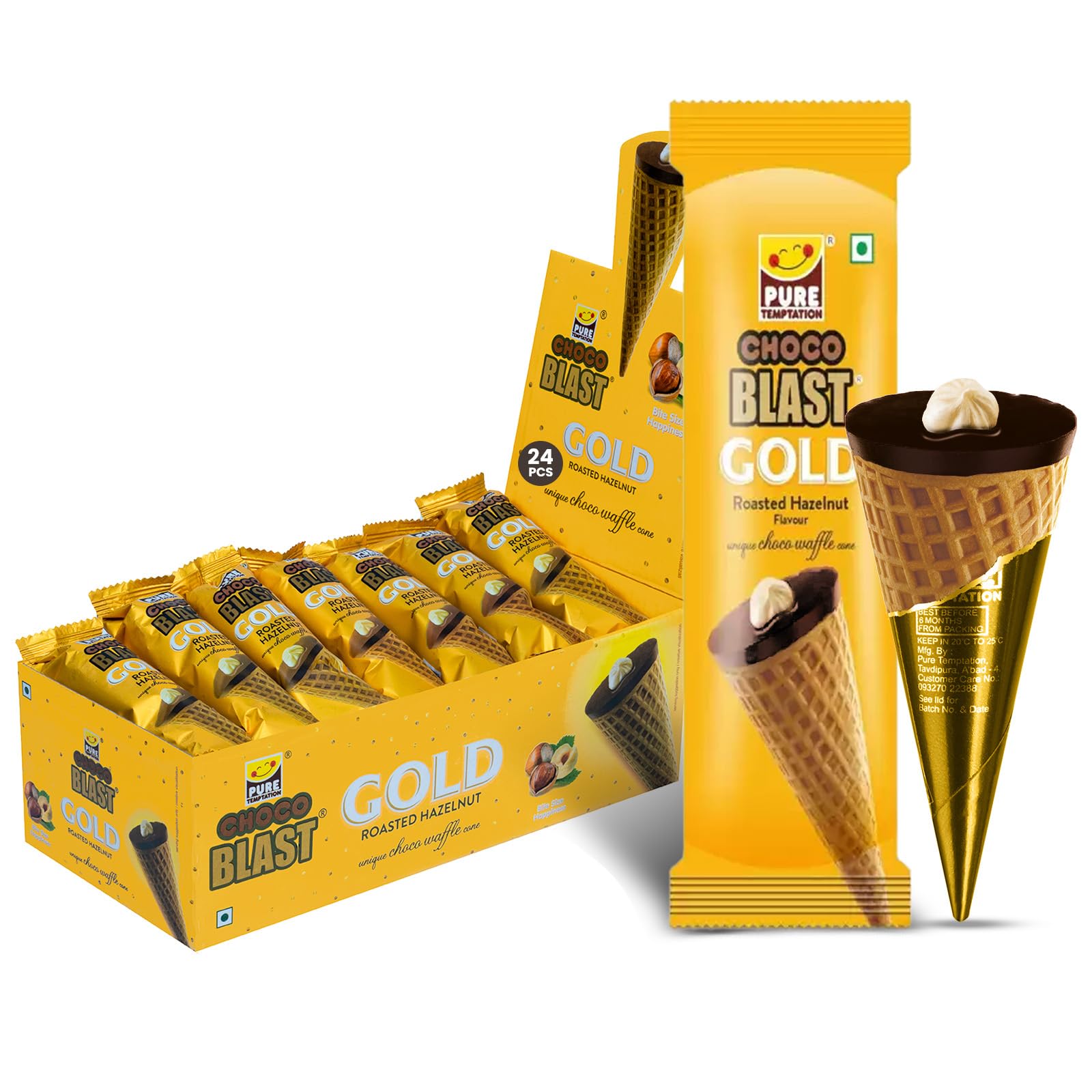 Pure Temptation Chocoblast Choco-Filled Waffle Cone [24 Pieces Chocolate Box] Snacks for Kids & Adults - Non-Meltable Valentine Gift Pack - Individually Wrapped Chocolate Cone Bites - Roasted Hazelnut