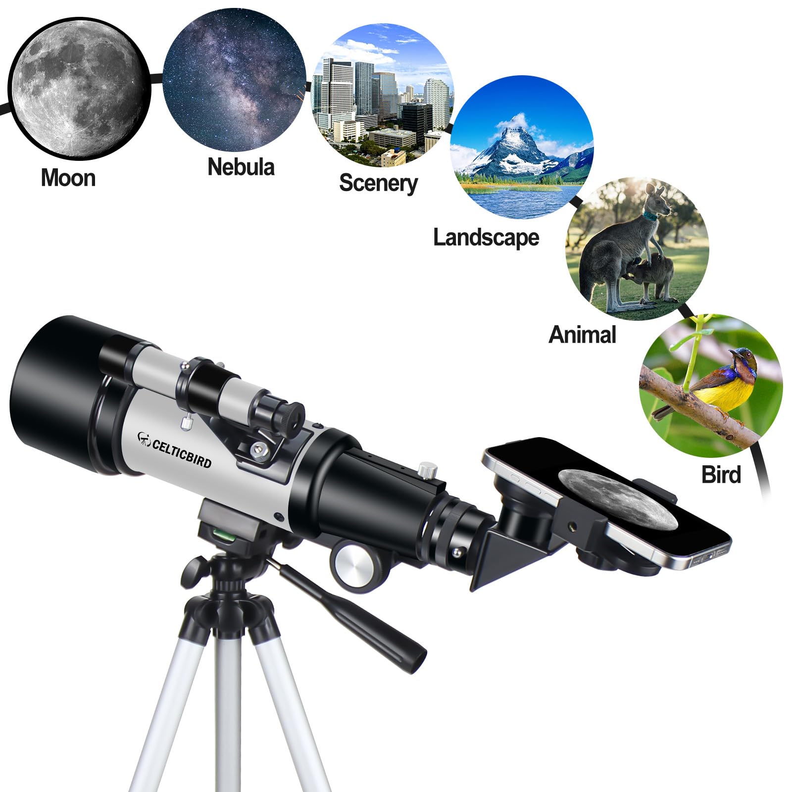 CelticBird Telescopio de 70 mm de Apertura de 400 mm – Telescopio de refracción astronómica para Adultos y Principiantes (70400 Gris)