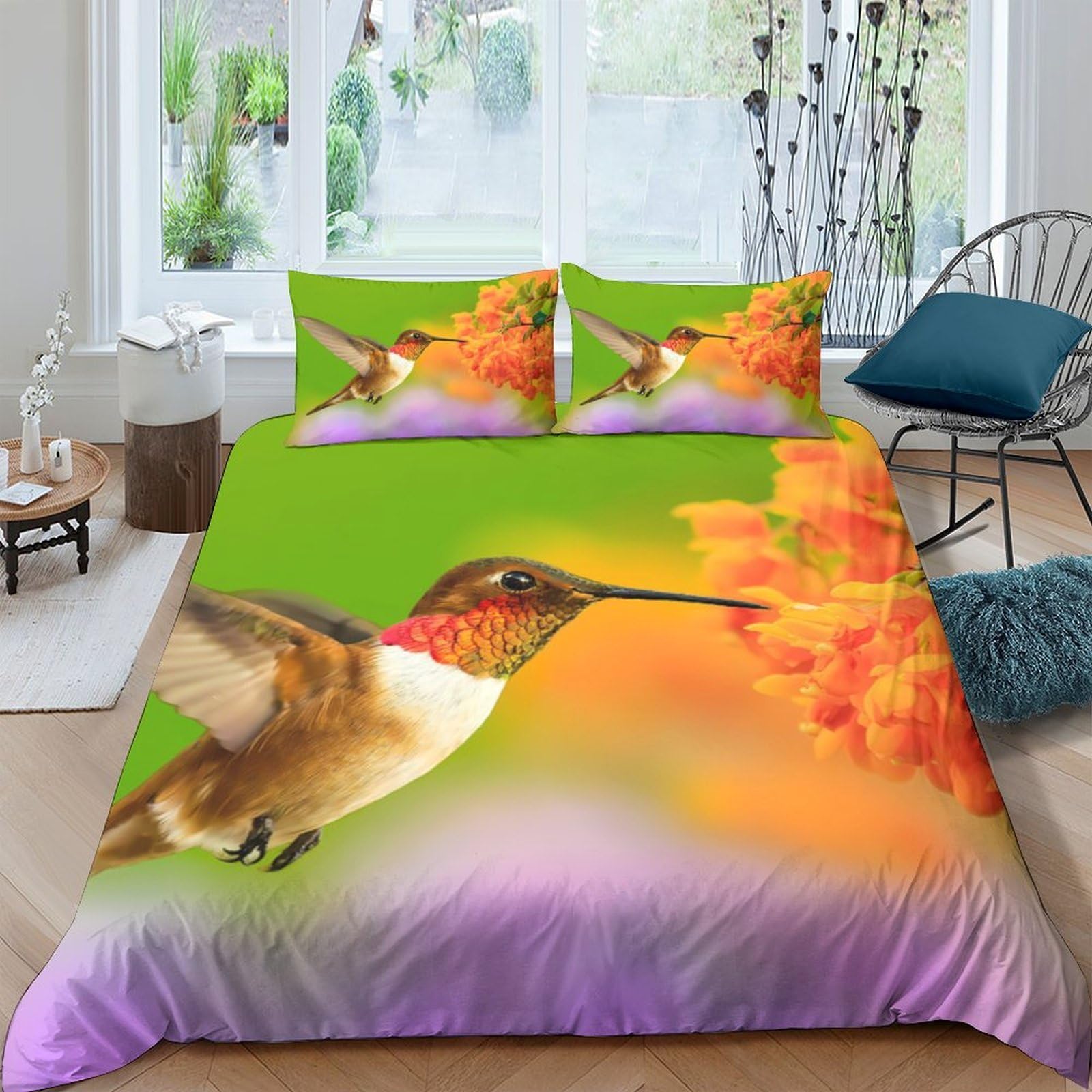 Ctjqhvkz Style-1 3D Printed Hummingbird Floral Fitted Sheet Microfiber Bedroom Decor Orange Green Purple Mattress Cover Single（135X200cm）