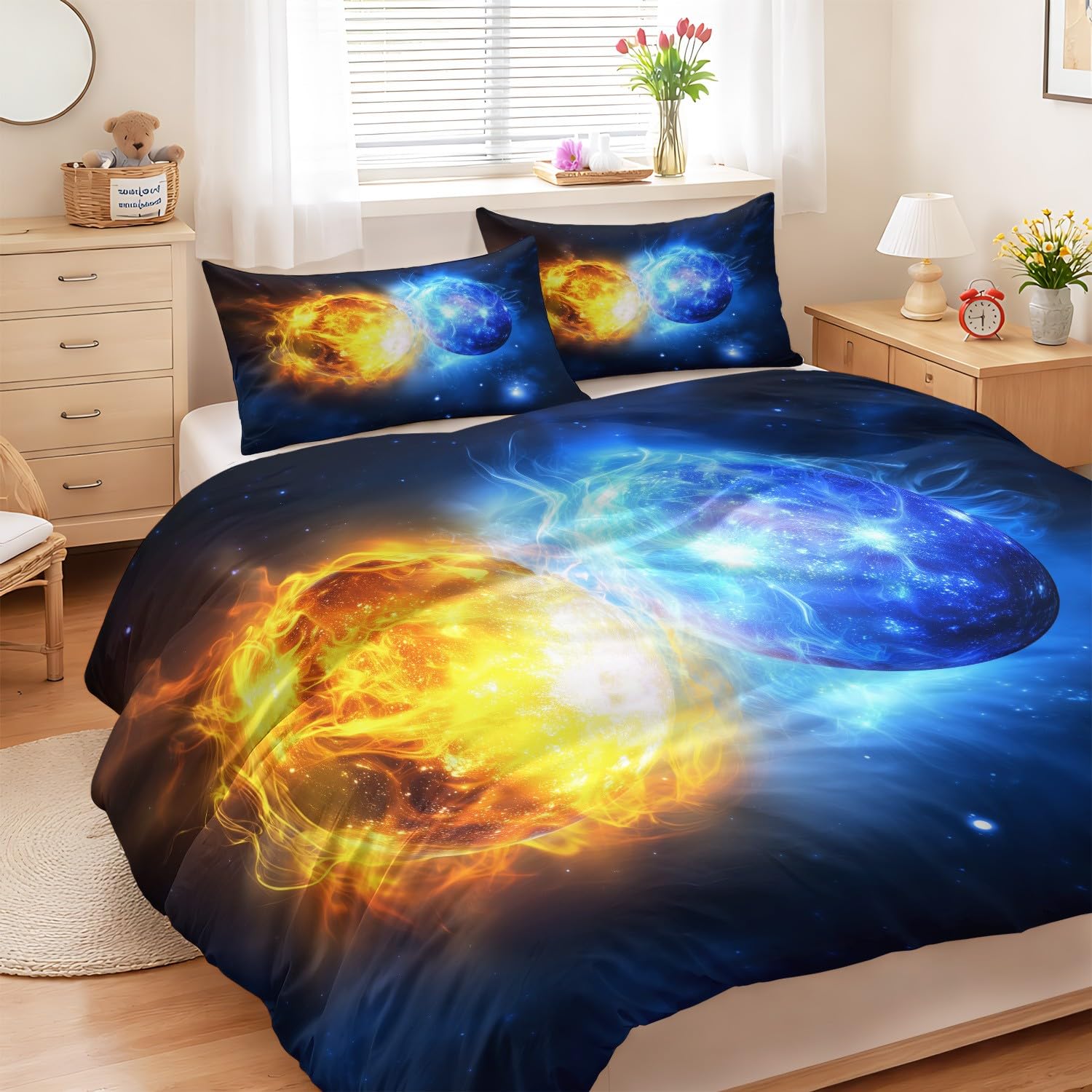 Generisch Sci-Fi 3-częściowy komplet pościeli z motywem kosmosu, 155 x 220 cm, miękka poszewka na poduszkę z mikrofibry, 80 x 80 cm, niebieska