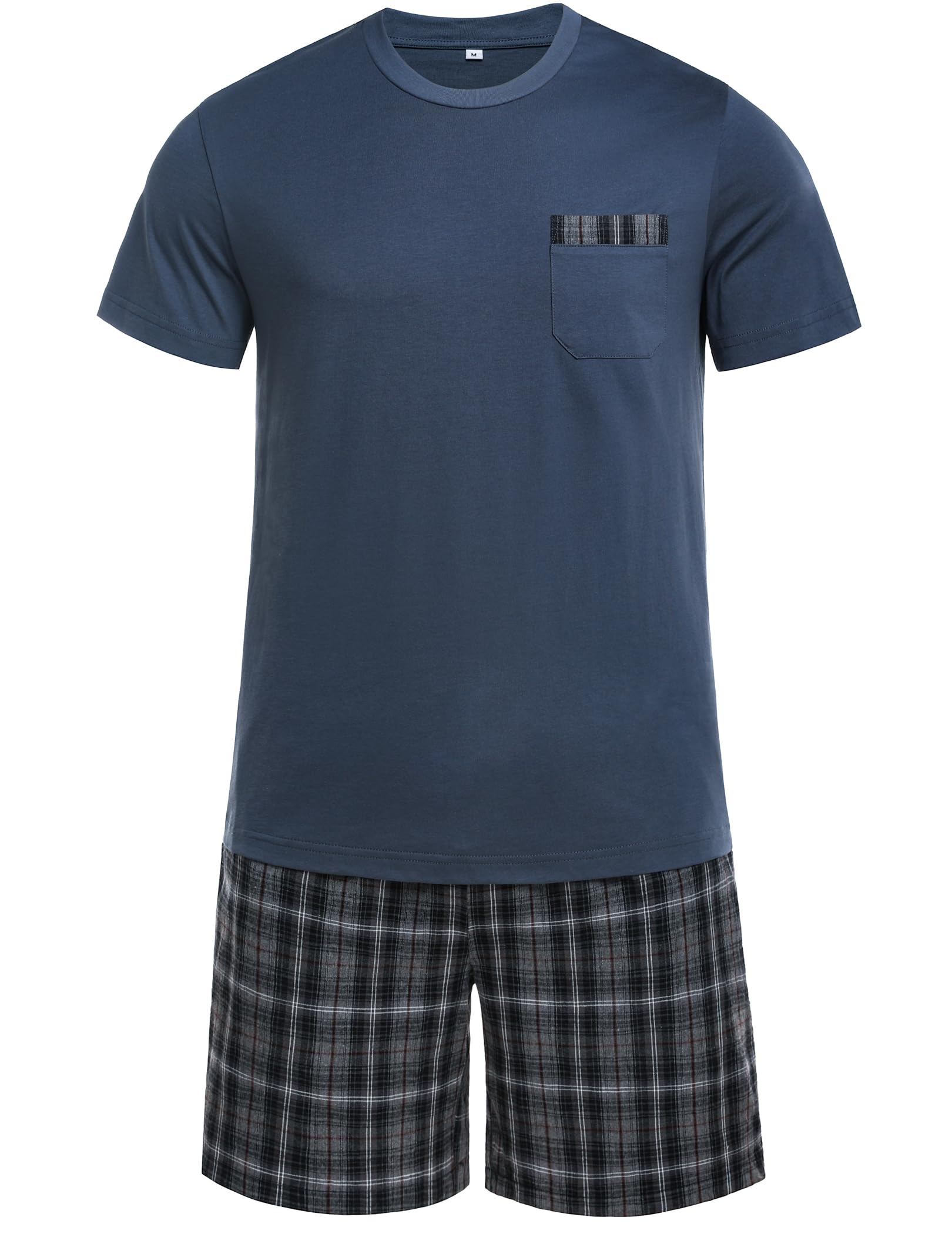 Winovia Schlafanzug Herren Kurz Pyjama Set aus Baumwolle Kurzarm Nachtwäsche mit Karierter Hose und Brusttasche Sommer Hausanzug Männer Geschenk