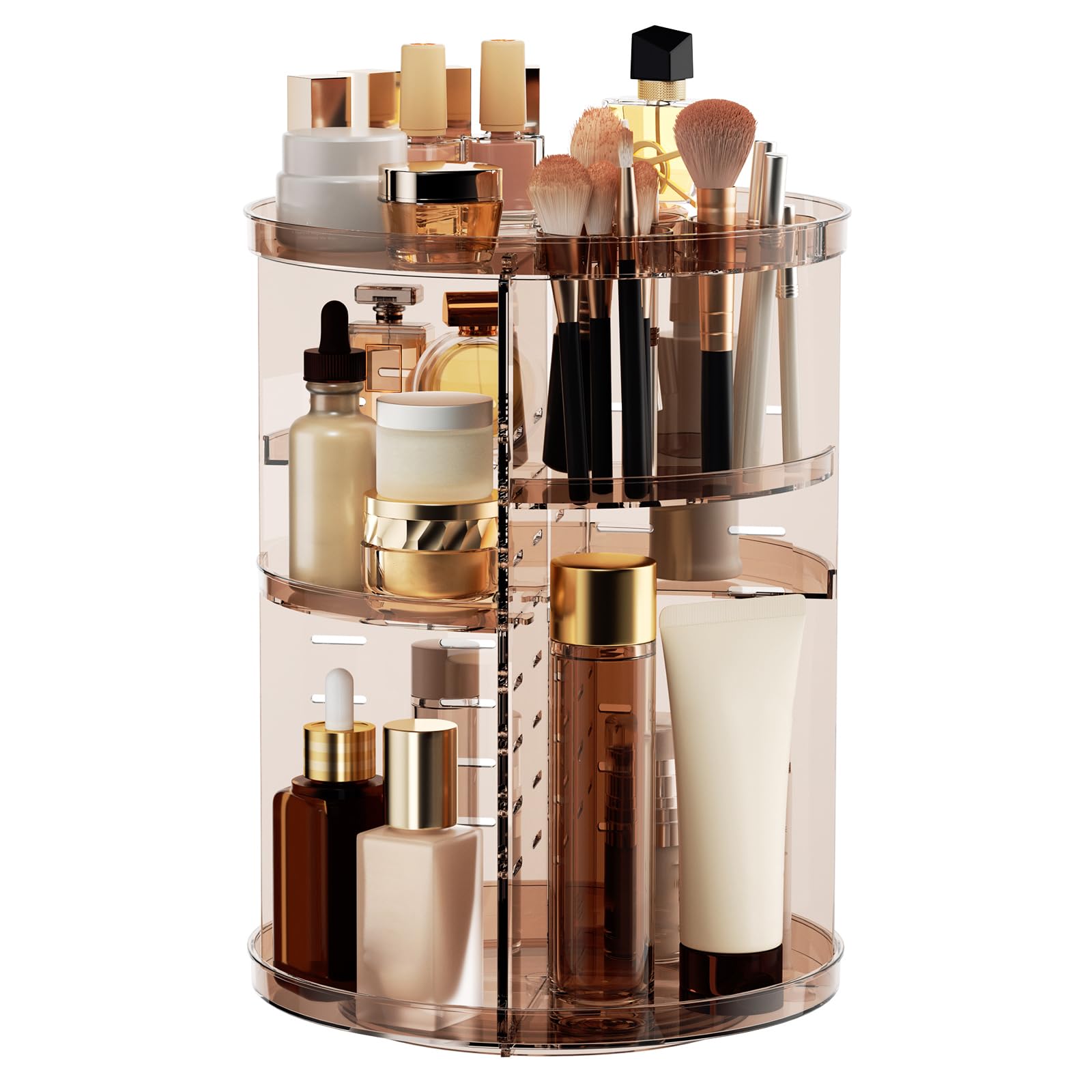 Rotating Makeup Organizer Countertop, DIY Adjustable Trays Spinning Skincare Organizers, Cosmetic Display Shelf with Perfume & Brush Holder, Multi-Function Desk Storage Carousel for Vanity Bathroom
