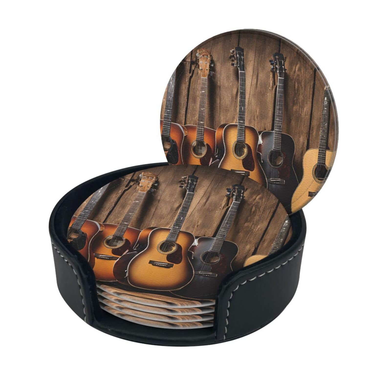 Guitar Bass Music Musical Instruments Print Coaster,Round Leather Coasters with Storage Box for Wine Mugs,Cold Drinks and Cups Tabletop Protection (6 Piece)
