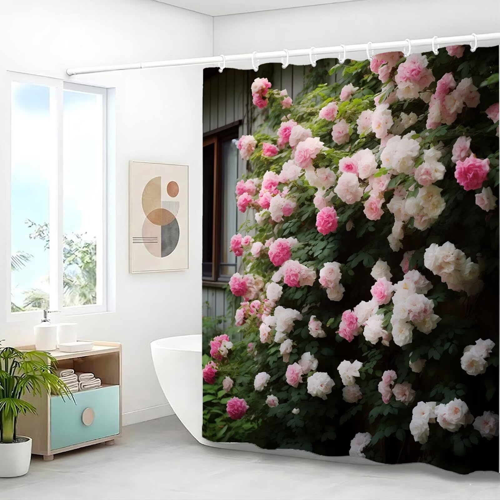 Duschvorhang 240x200 cm Anti Schimmel - Garten Design - Wasserdicht & Waschbar Schnelltrocknender Polyester Stoff - Inkl. 12 Ringe und Gewicht Shower Curtain für Badezimmer Badewanne, Blume J8-329