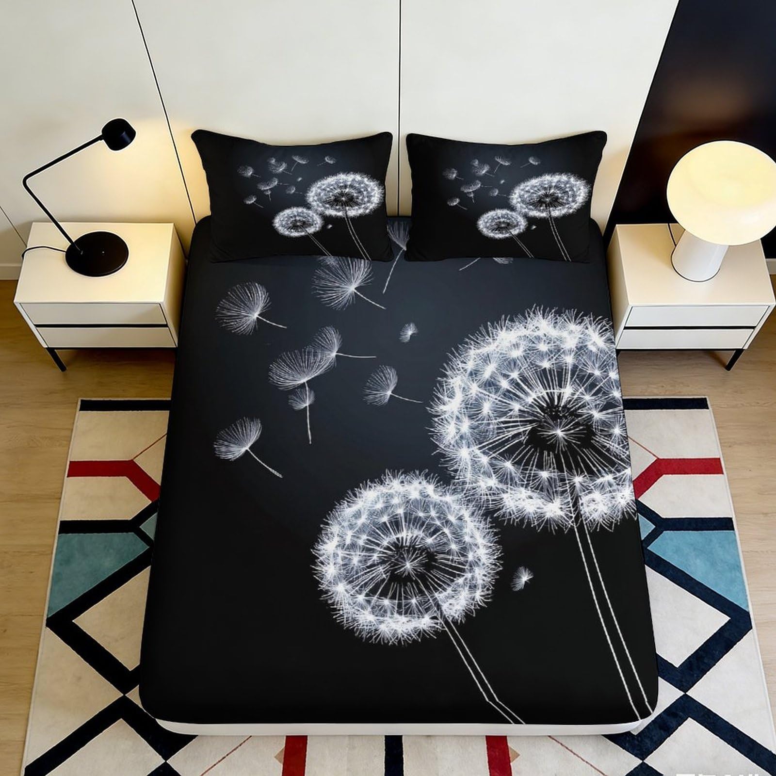 3D Printed Dandelion Bloom Fitted Sheet Microfiber Black Bed Cover for Bedroom Guest Room Mattress Decor Dustproof 90x200x25cm