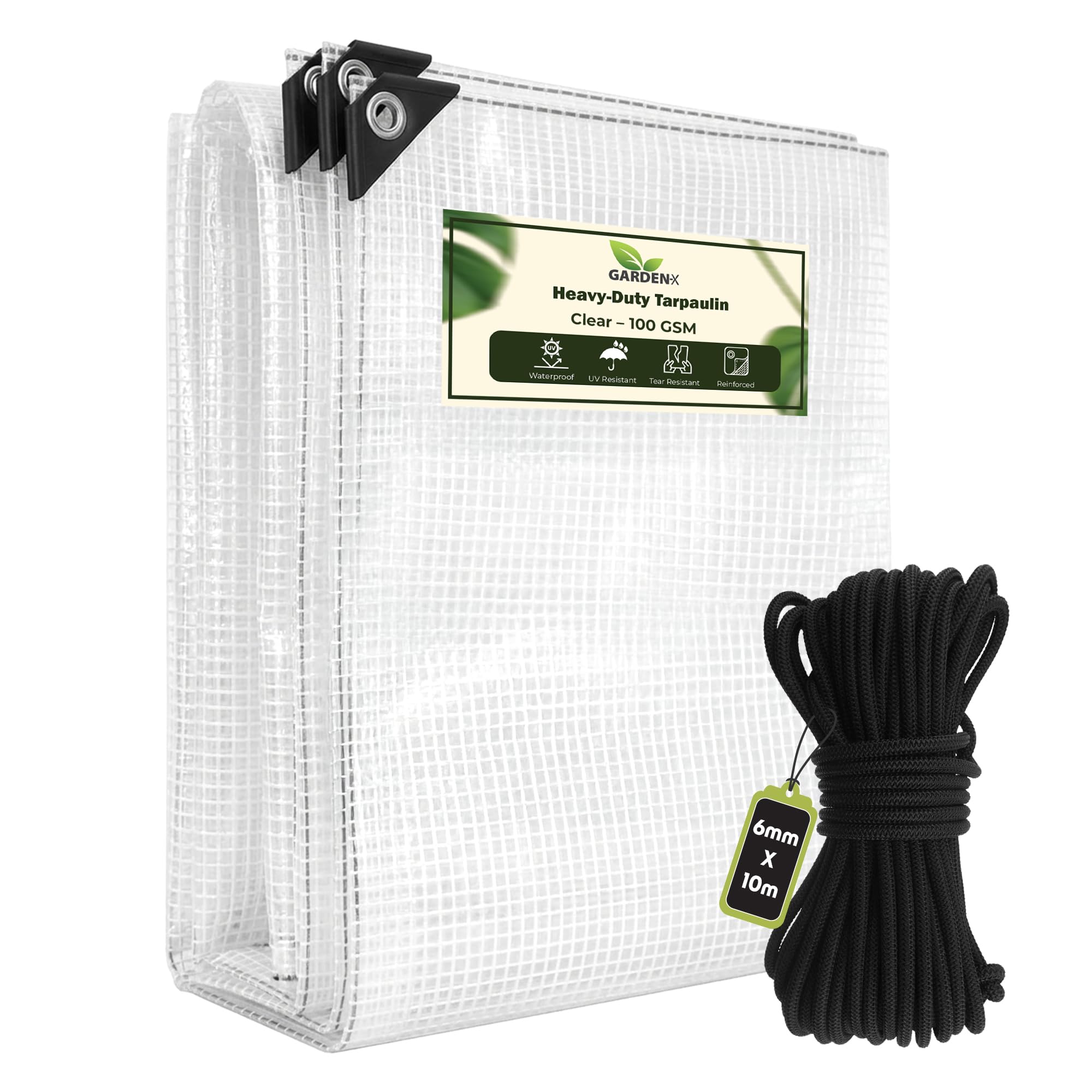 GARDENIX 4m x 6m Clear Heavy Duty 100gsm Tarpaulin Waterproof Transparent Tarp Sheet Cover with Mesh Support, Groundsheet Multipurpose Reinforced+ 10 Metres of 6mm Bungee Rope