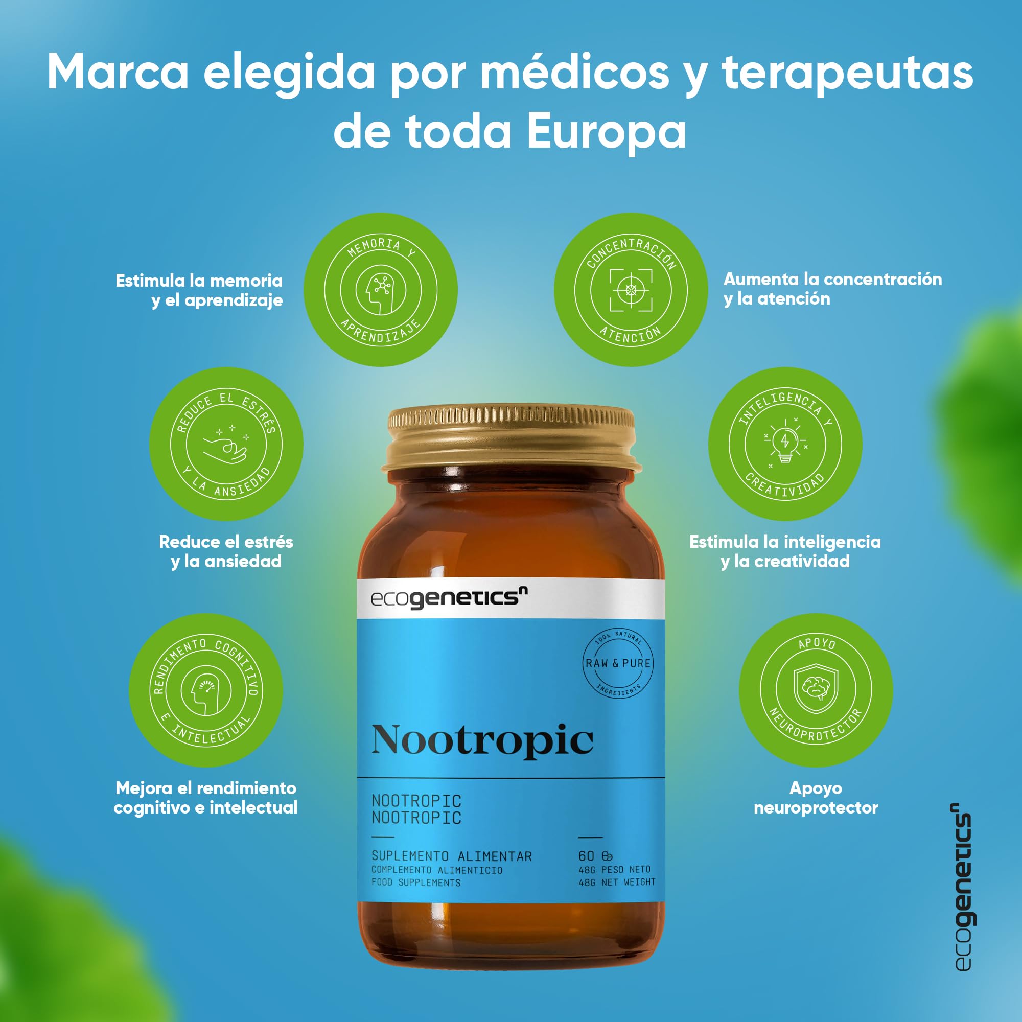 ECOGENETICS - Nootropic 60 Cápsulas | Potenciador Cerebral con Ginkgo Biloba, Vitamina B12 | Nootropicos Memoria y Concentracion | Complementos Alimenticios Veganos para Estudiantes