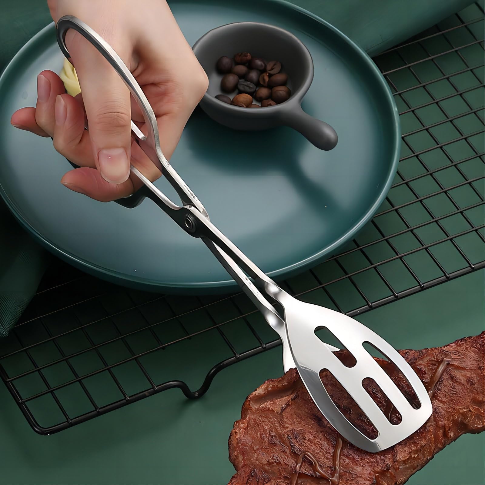 Juego de 2 pinzas para ensalada de acero inoxidable con asas de tijera, alicates de comida para fiesta/catering, cocina, pastelería, pan, sándwich, restauración, barbacoa/fruta