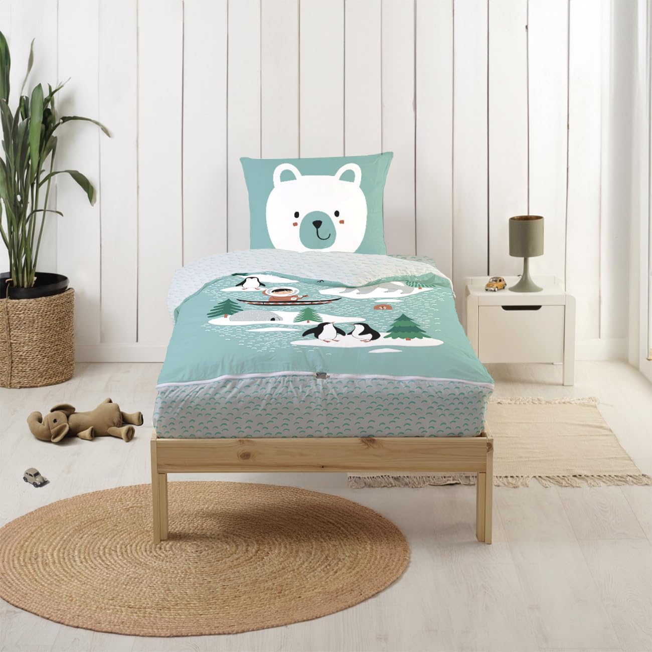 Bleu Calin Caradou® Igloo Parure de Lit Enfant en Coton 4 pièces: Couchage Tout-​en-​Un avec Couette - 90x190cm