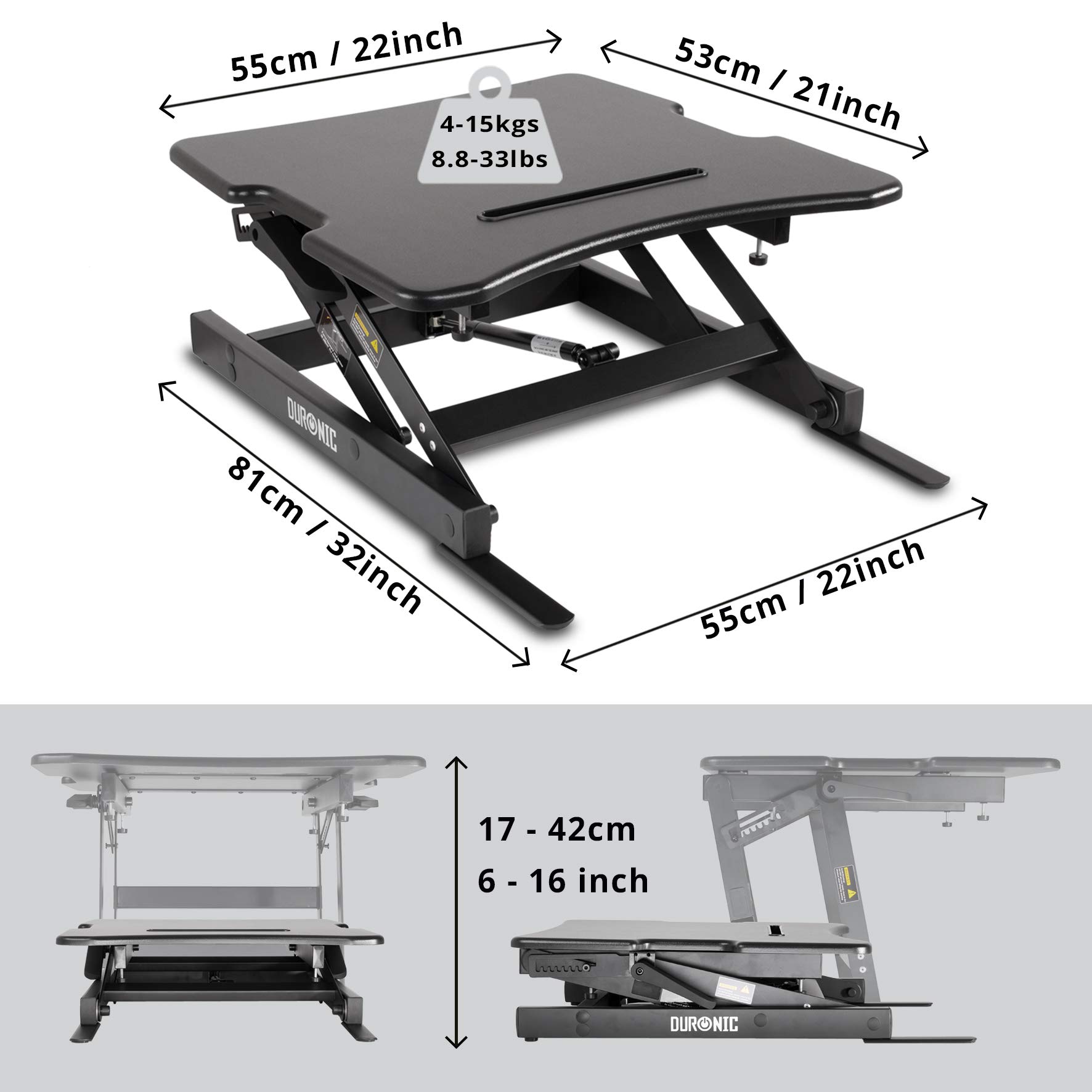 Duronic DM05D18 BK Scrivania Ergonomica Regolabile 15–42cm 55cm | migliora postura, riduce affaticamento di schiena e collo, supporta laptop e monitor singolo, per ufficio e smart working