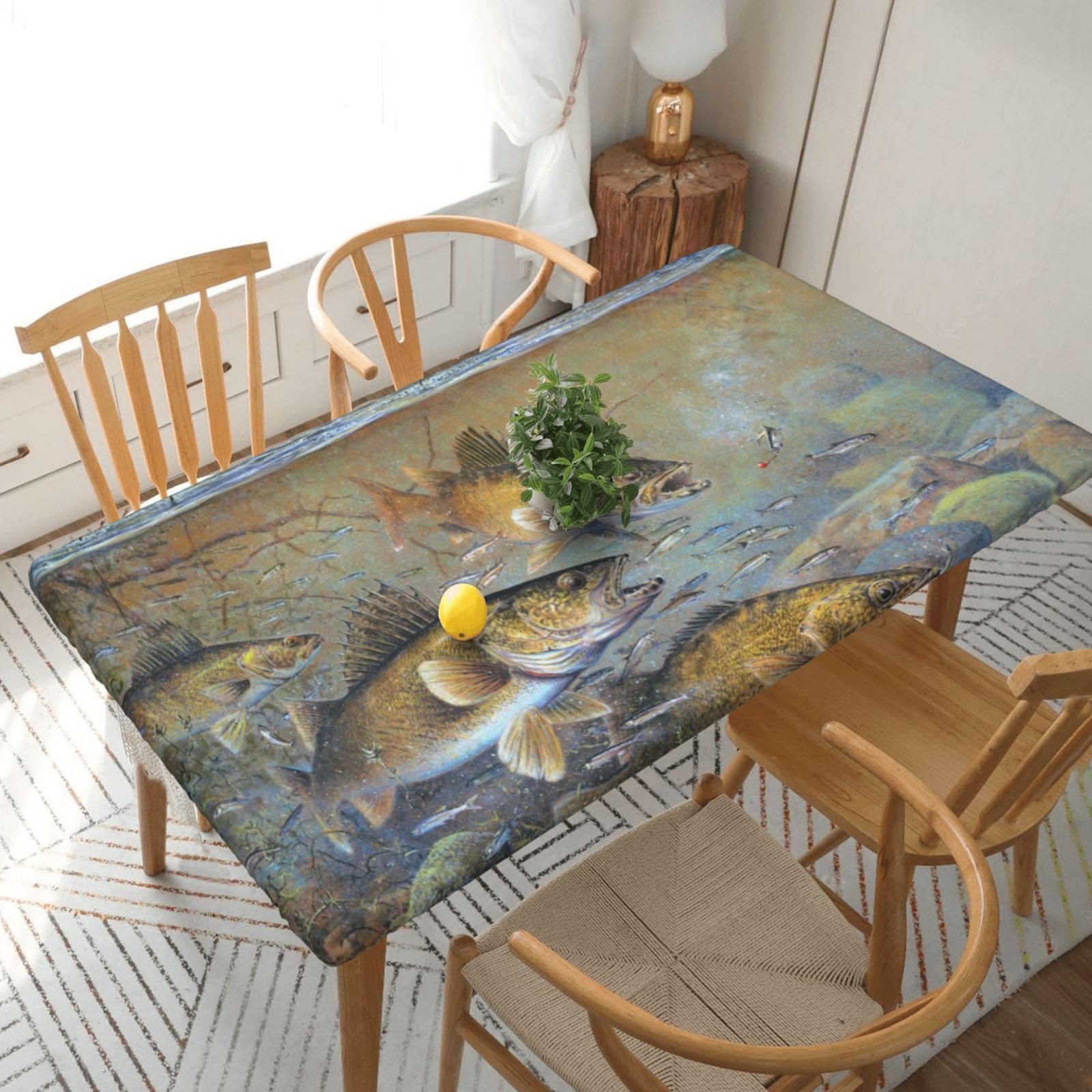 DCEHGEW Elastic Fitted Rectangle Tablecloth for 5ft Tables, Fishing Lake Fishermen Printed Oilproof & Washable Fabric Picnic Table Cloth Table Covers