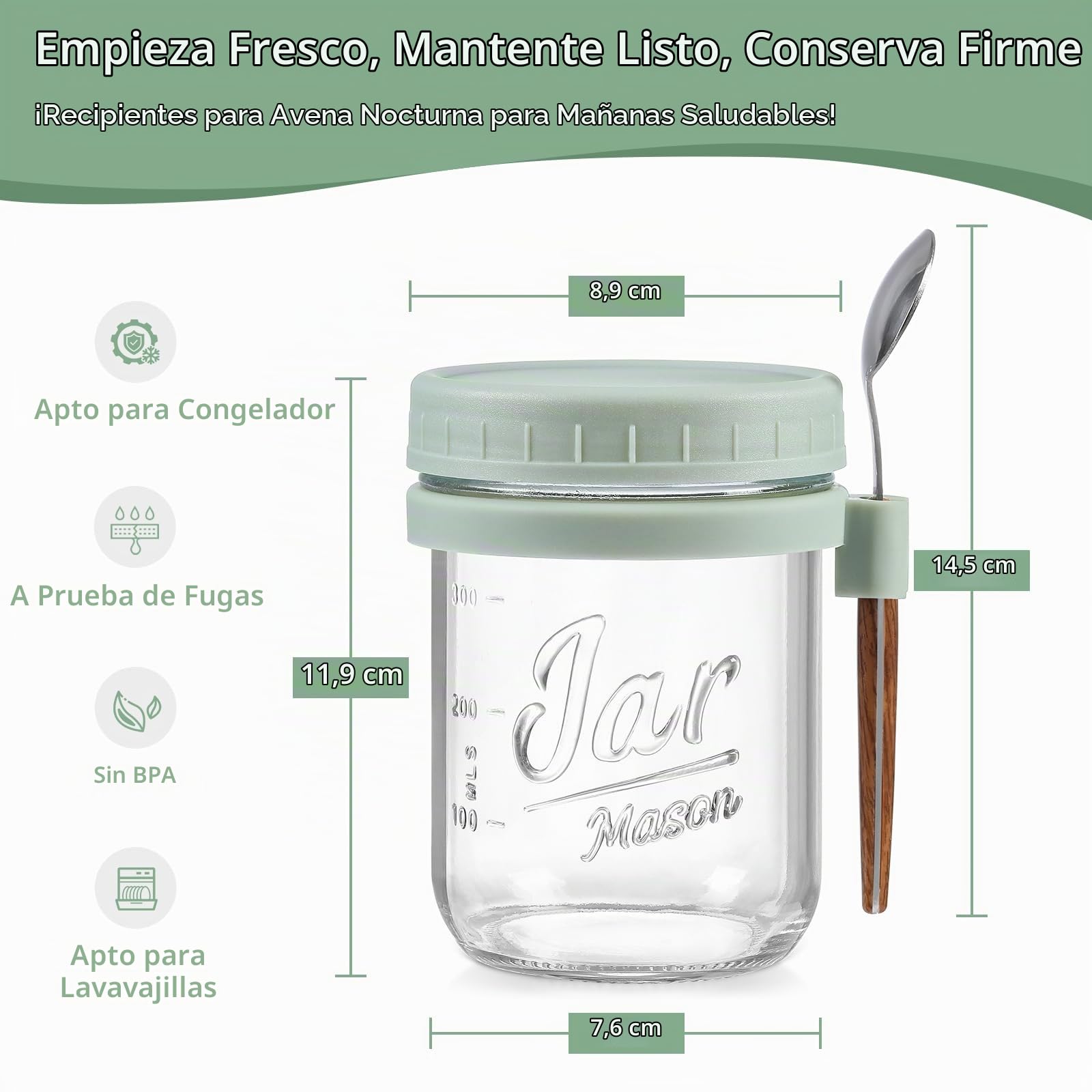 LANDNEOO Paquete de 4 Frascos de Vidrio con Tapa, Envases de Vidrio con Tapa Hermética de 16 onzas, Tarros de Avena Nocturna para Leche, Cereales, Frutas