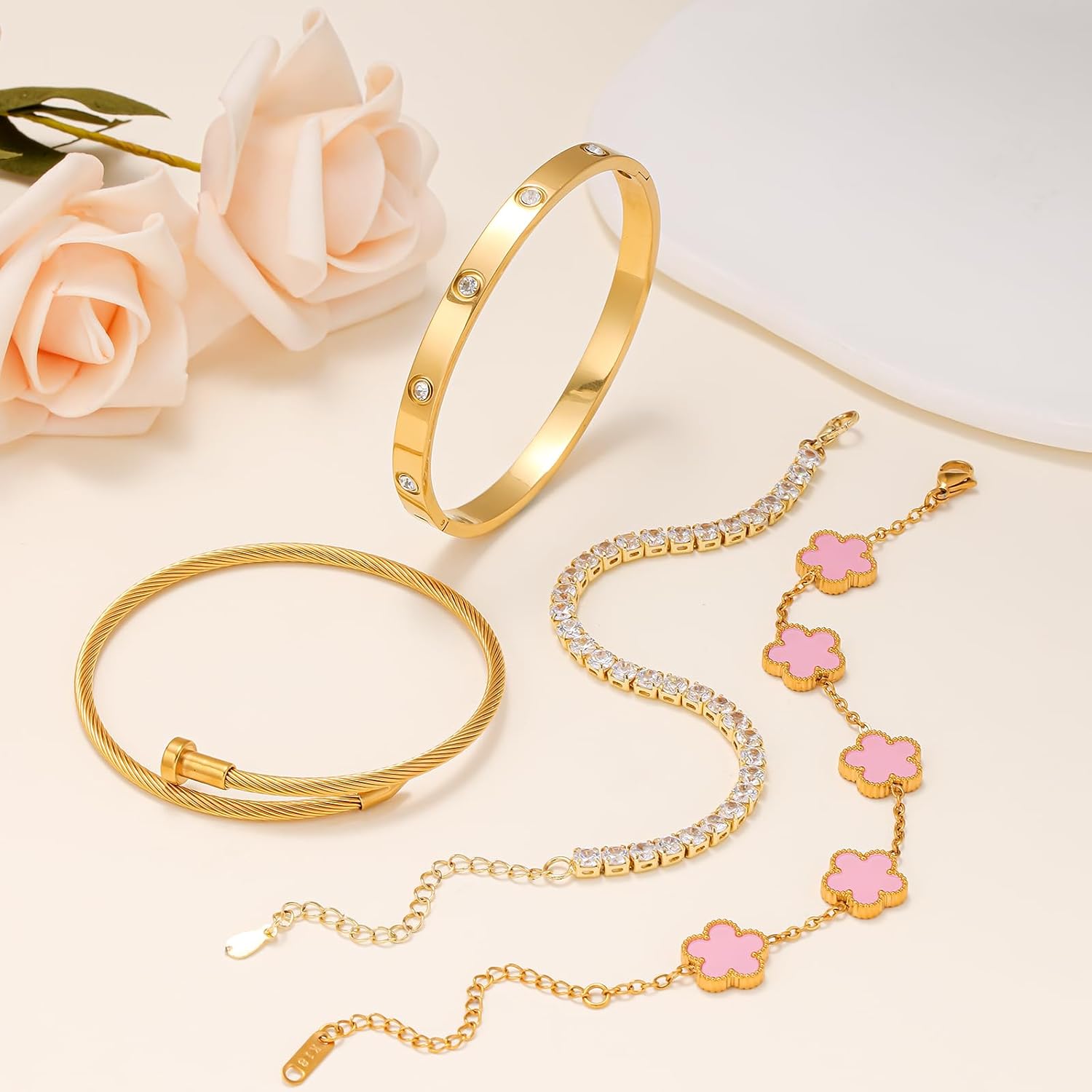 Gold Bracelets for Women, 18K Gold Plated Women Tennis Bracelets Clover Nail Love Bangle Bracelet Set, Gold Bracelet Stackable Set Trendy Jewelry, Gifts for Women's Day and Mother's Day - Image 6