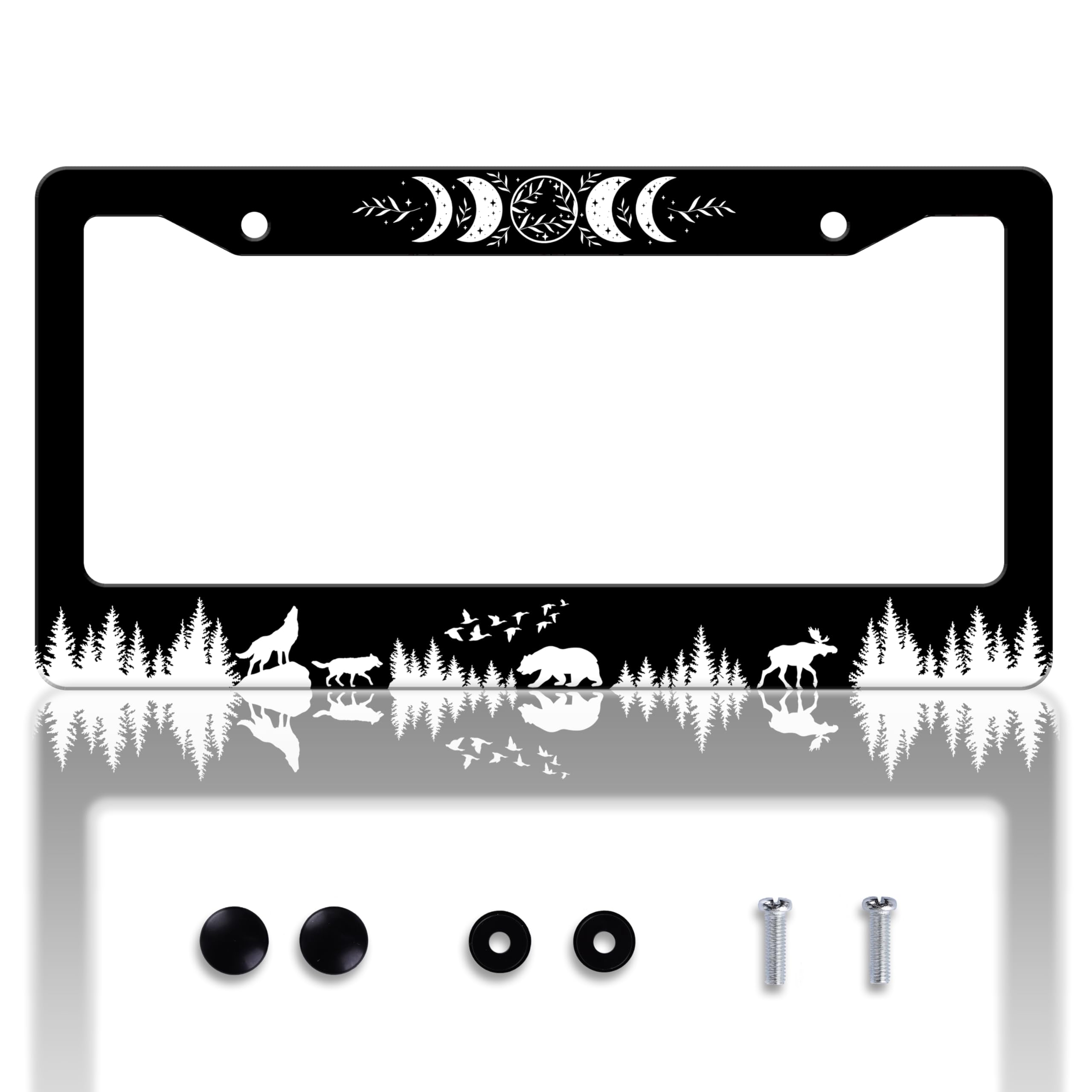 Moon Phases License Plate Frame Wolf Bear Deer License Plate Holder Personalise Stainless Steel Funny Design Compatible with Standard License Plate