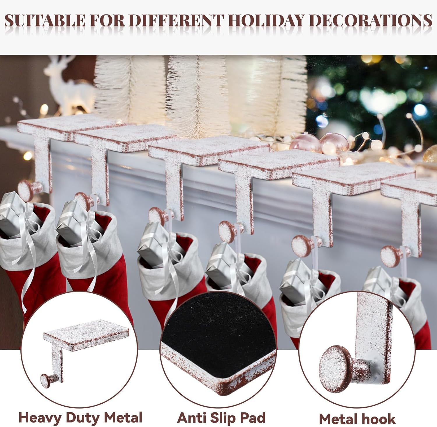 Landhoow 6 Pcs Christmas Stocking Holders Mantel Hangers Heavy Duty Xmas Hooks for Mantle Wrought Iron Stocking Holder with Protective Pad for Fireplace Home Shelf (White)