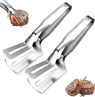 2 Pcs Stainless Steel Steak Clip,Multi-Function Food Grade Stainless Steel BBQ Tongs,Bread Clip,Stainless Steel Barbecue Tongs,Steak Clamp Jagged,Can Clip, Shovel, Can Cut Three-in-one Steak Clip