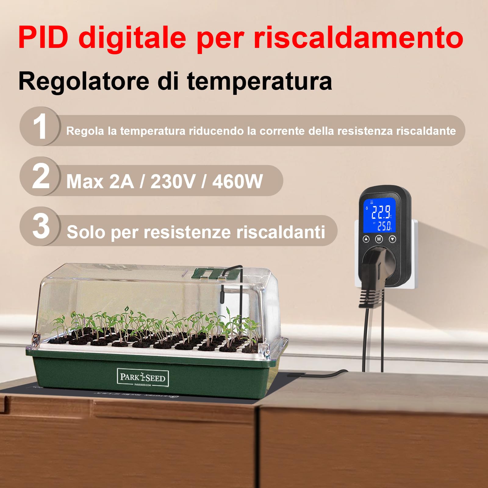 KETOTEK KT2100 Regolatore di temperatura PID con presa dimmerabile per terrari, rettili, acquari e tappetini riscaldanti per lampade, 2A 460W, sensore impermeabile