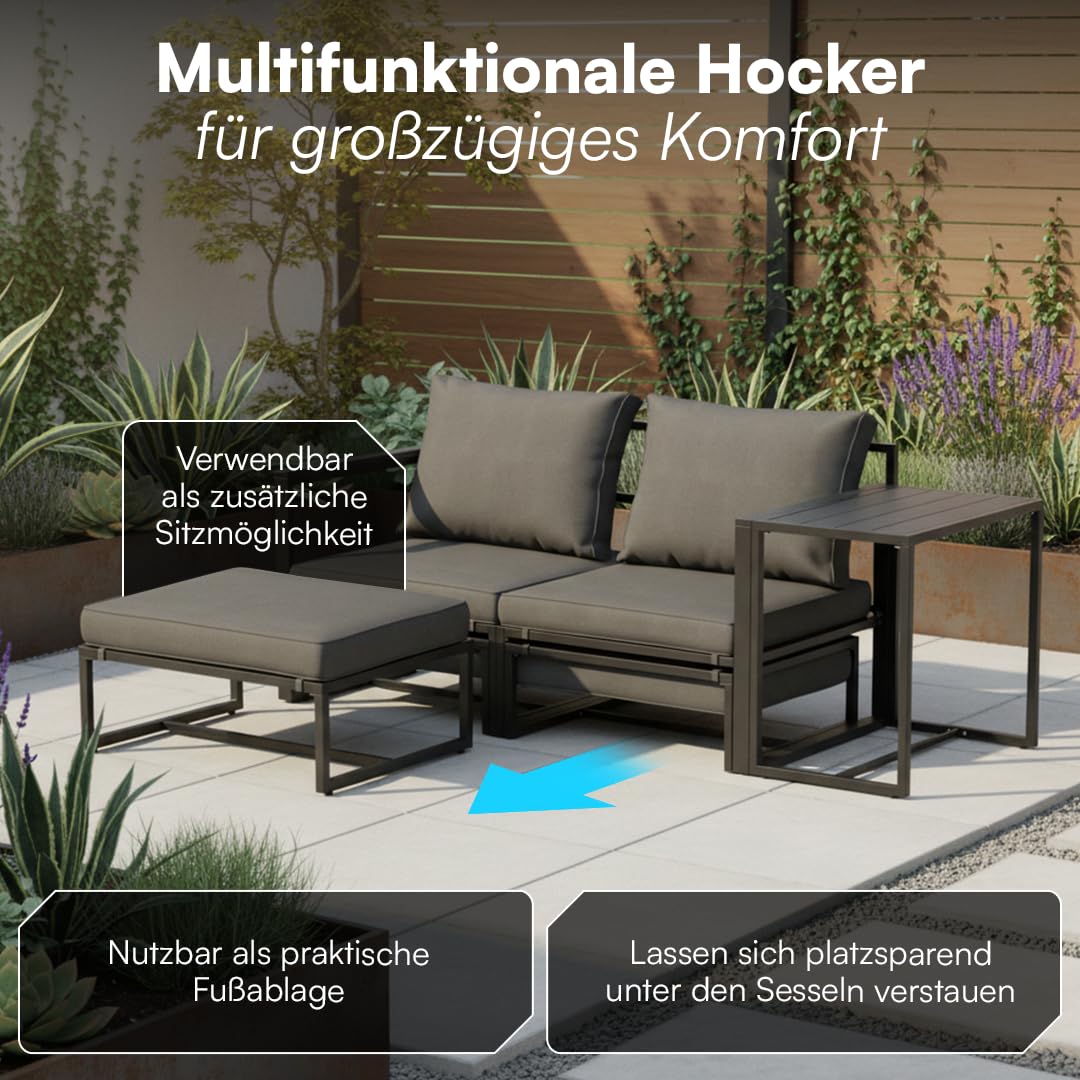 STEELSØN Asteri Sitzgruppe 5-teilig – Gartenmöbel Set mit 2 Sessel, 2 Hocker, 1 Tisch – Balkonlounge Metallgestell Schwarz – inkl. Sitzpolster anthrazit – Terrassenlounge für 2-4 Personen – wetterfest