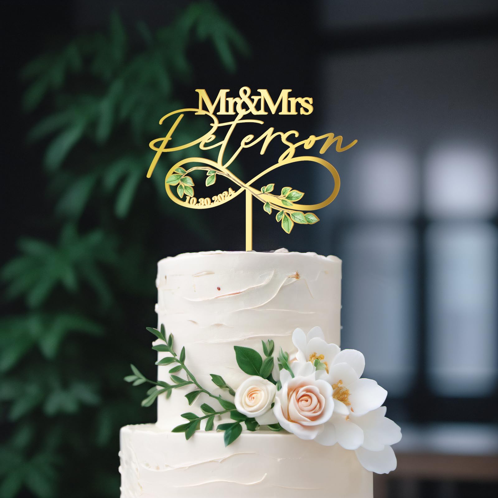 Party to Be Personalized Mr & Mrs Wedding Cake Topper with Custom Last Name and Date Wedding Anniversary Cake Decoration UV-Printed Green Leaves Infinity Design — image 1