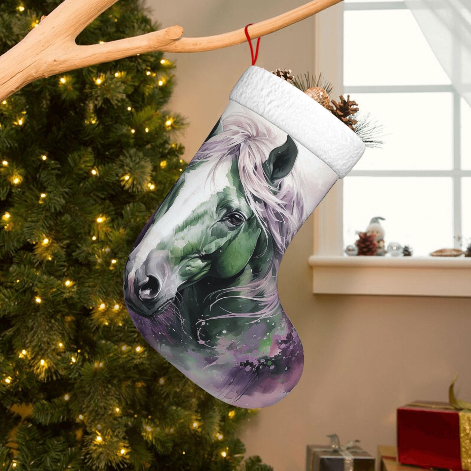 Velvet Christmas Stockings 17.7 Inch, Green Horse Xmas Stocking with Soft Cuff,Classic Personalized Christmas Tree Decoration for Family Holiday New Year Party Supplies