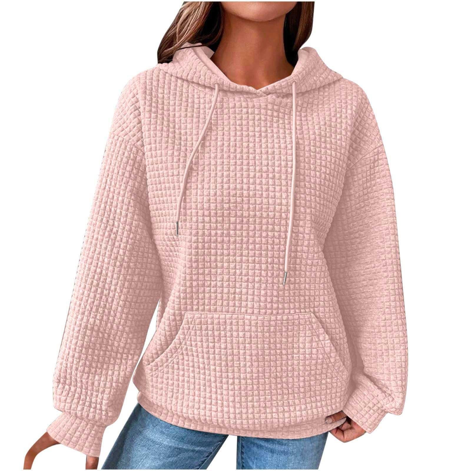 GenericWaffle Hoodies for Women UK Oversized Knit Long Sleeve Trendy Casual Hooded Sweatershirt Lightweight Solid Color Winter Autumn Pullover Tops with Pocket Drawstring